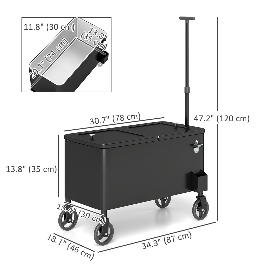 80-Qt Outdoor Patio Cooler Cart, Rolling Ice Chest with Adjustable Handle, Wheels, Bottle Opener, Drainage, Outdoor Beverage Cooler Bar Cart for Party BBQ Camping, Black