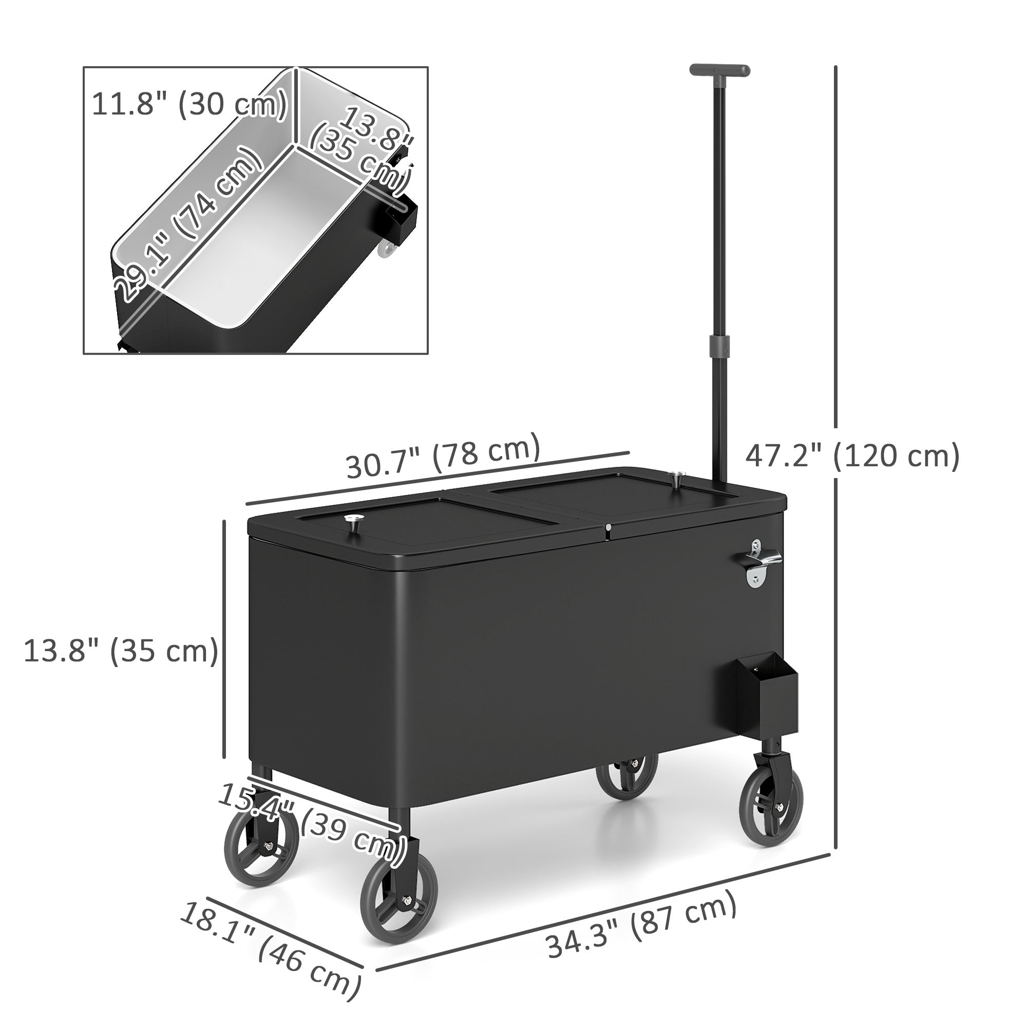 80-Qt Outdoor Patio Cooler Cart, Rolling Ice Chest with Adjustable Handle, Wheels, Bottle Opener, Drainage, Outdoor Beverage Cooler Bar Cart for Party BBQ Camping, Black