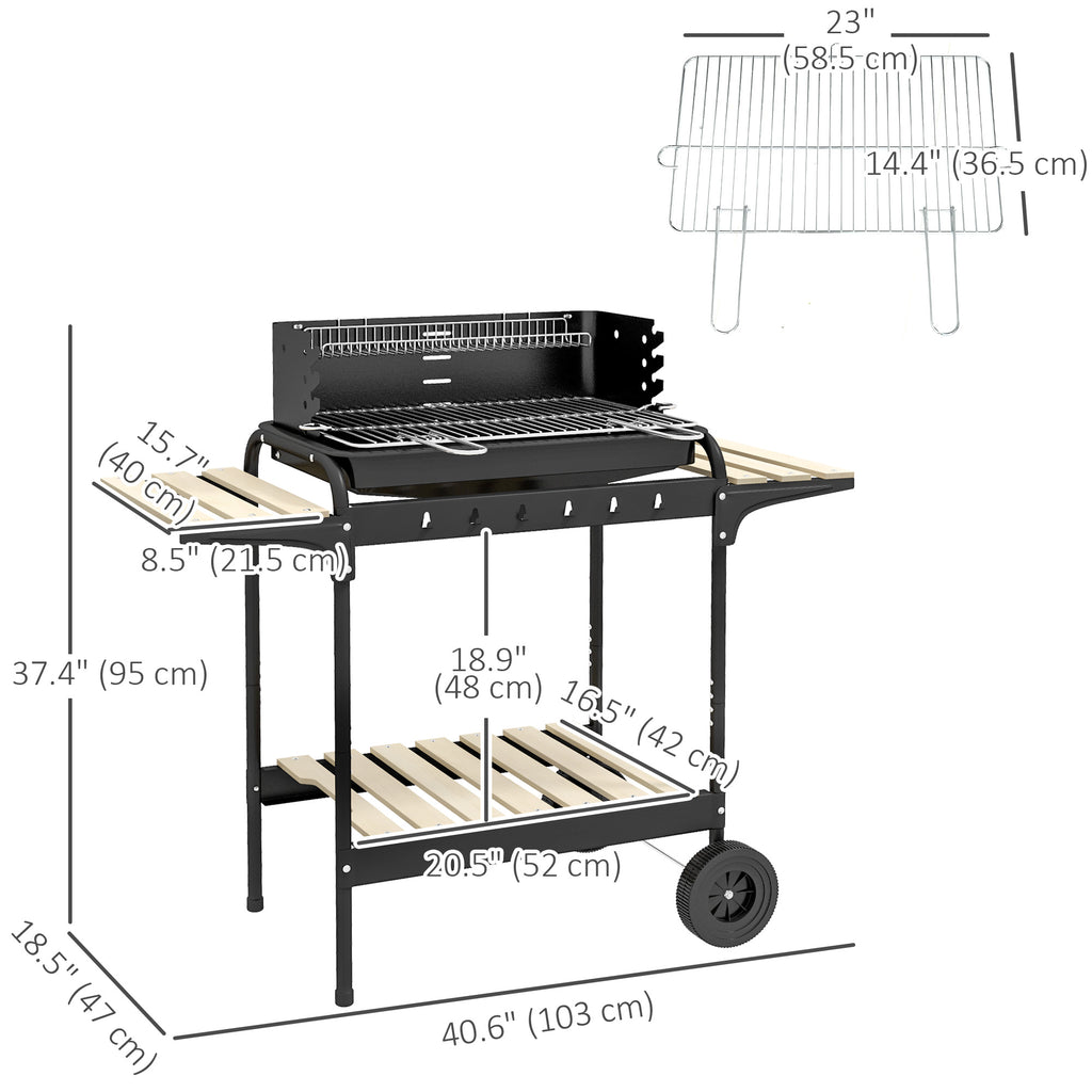 Charcoal Barbecue Grill with Adjustable Grill Height, Portable BBQ Trolley with Ash Catcher and Wheels, Black