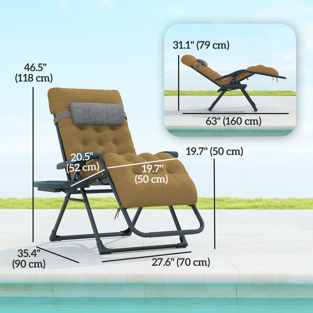Padded Folding Recliner Chair, Patio Lounger with Cupholder, Adjustable Backrest, Removable Cushion, Light Khaki