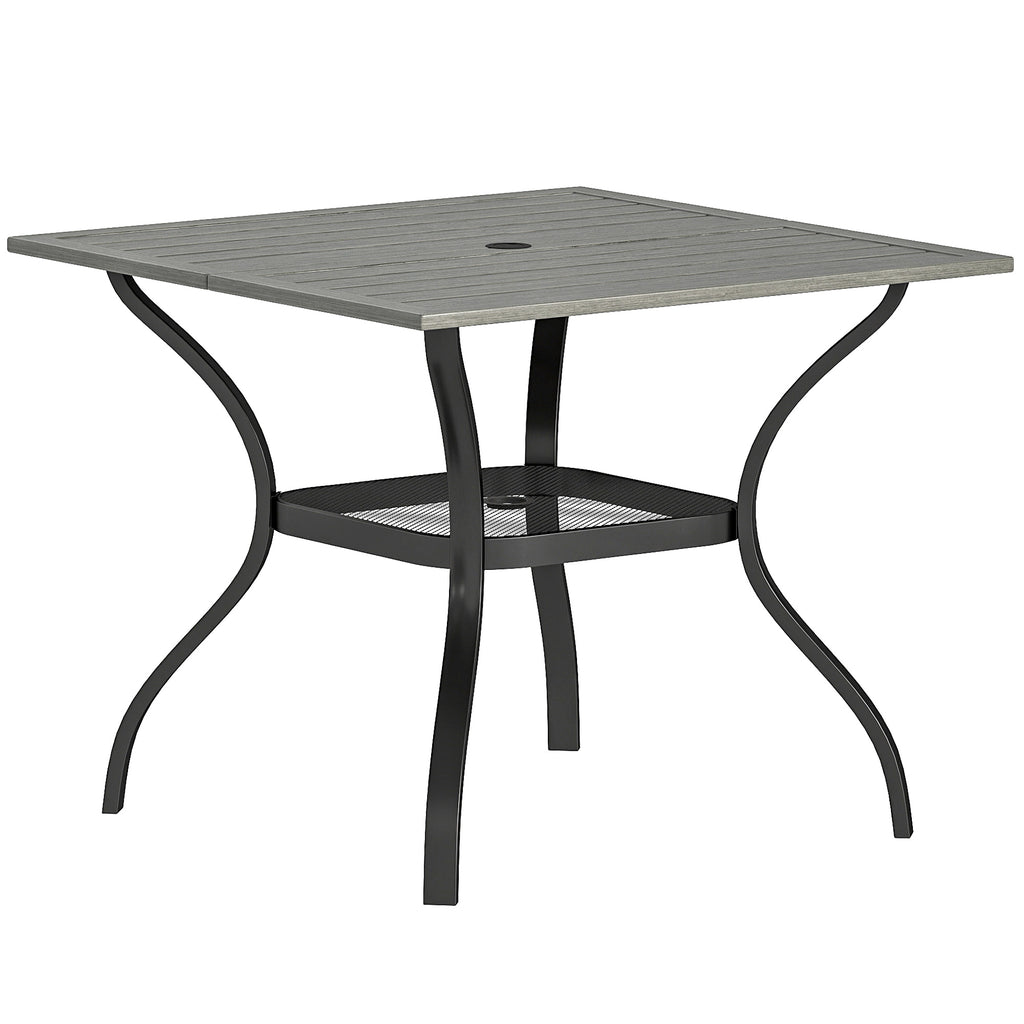 Outdoor Dining Table for 4, Square Patio Table with Umbrella Hole, Shelf, Slatted Faux Wood Steel Top, Grey