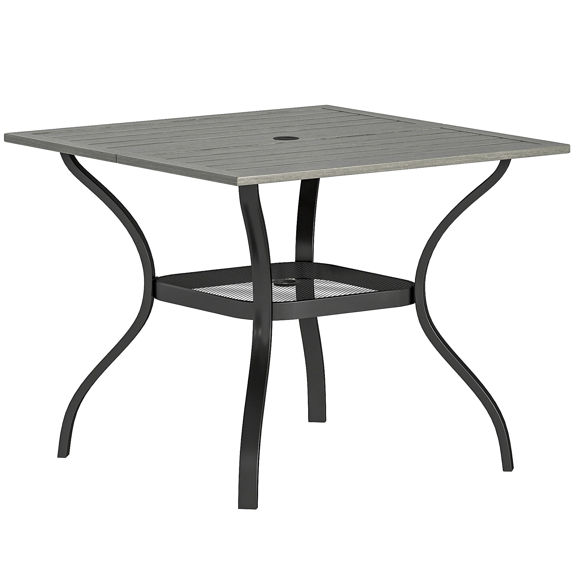 Outdoor Dining Table for 4, Square Patio Table with Umbrella Hole, Shelf, Slatted Faux Wood Steel Top, Grey