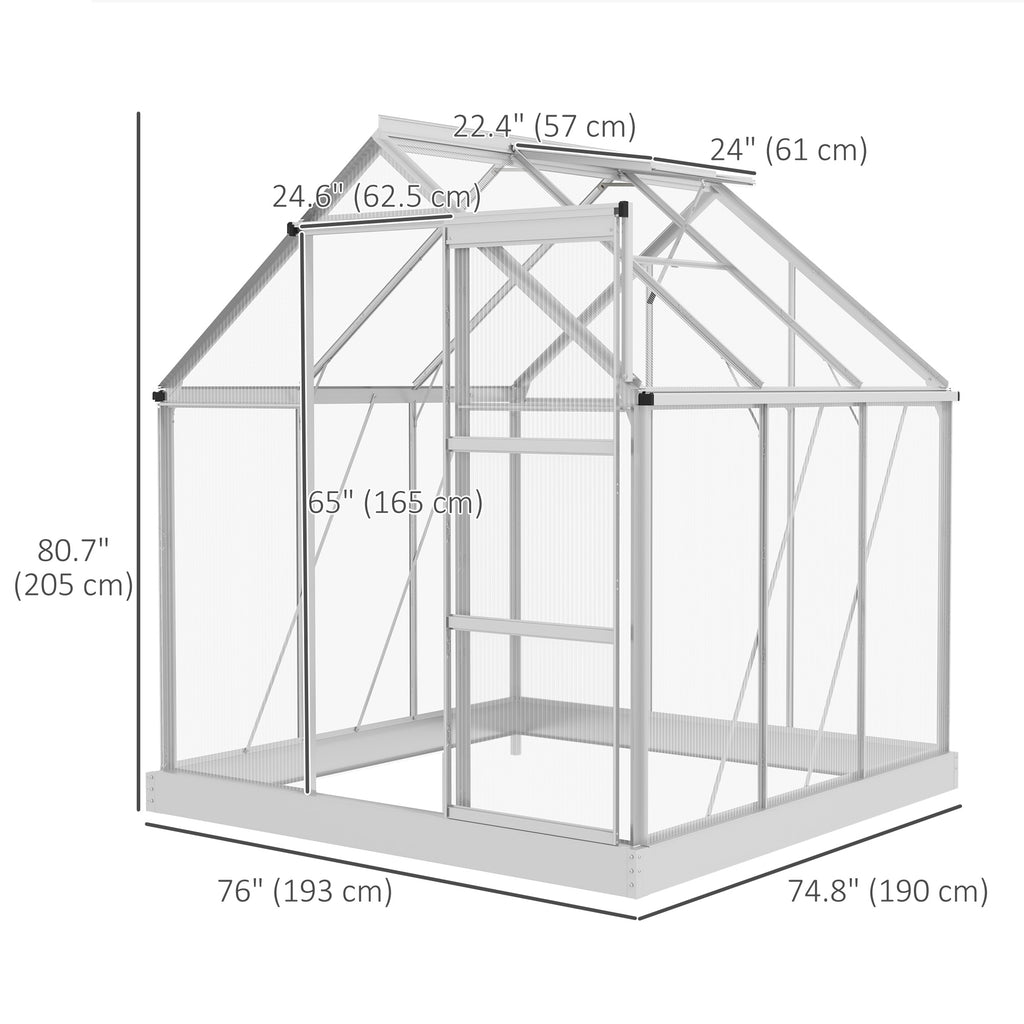 6' x 6' Walk-In Greenhouse, Polycarbonate Greenhouse with Sliding Door, Window, Aluminium Frame, Foundation, Silver