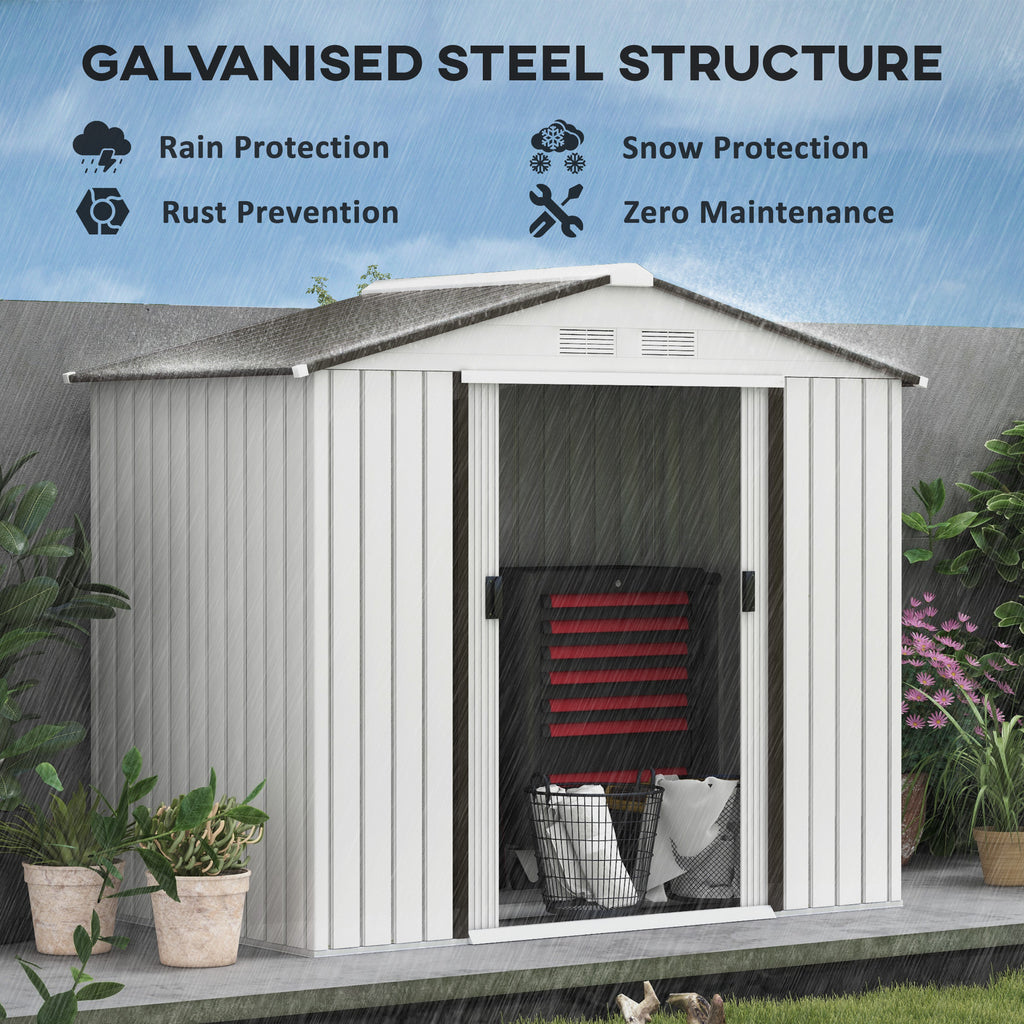 7'x 4'x 6' Garden Tool Shed Metal Storage Shed w/ Foundation Kit and Double Doors Silver