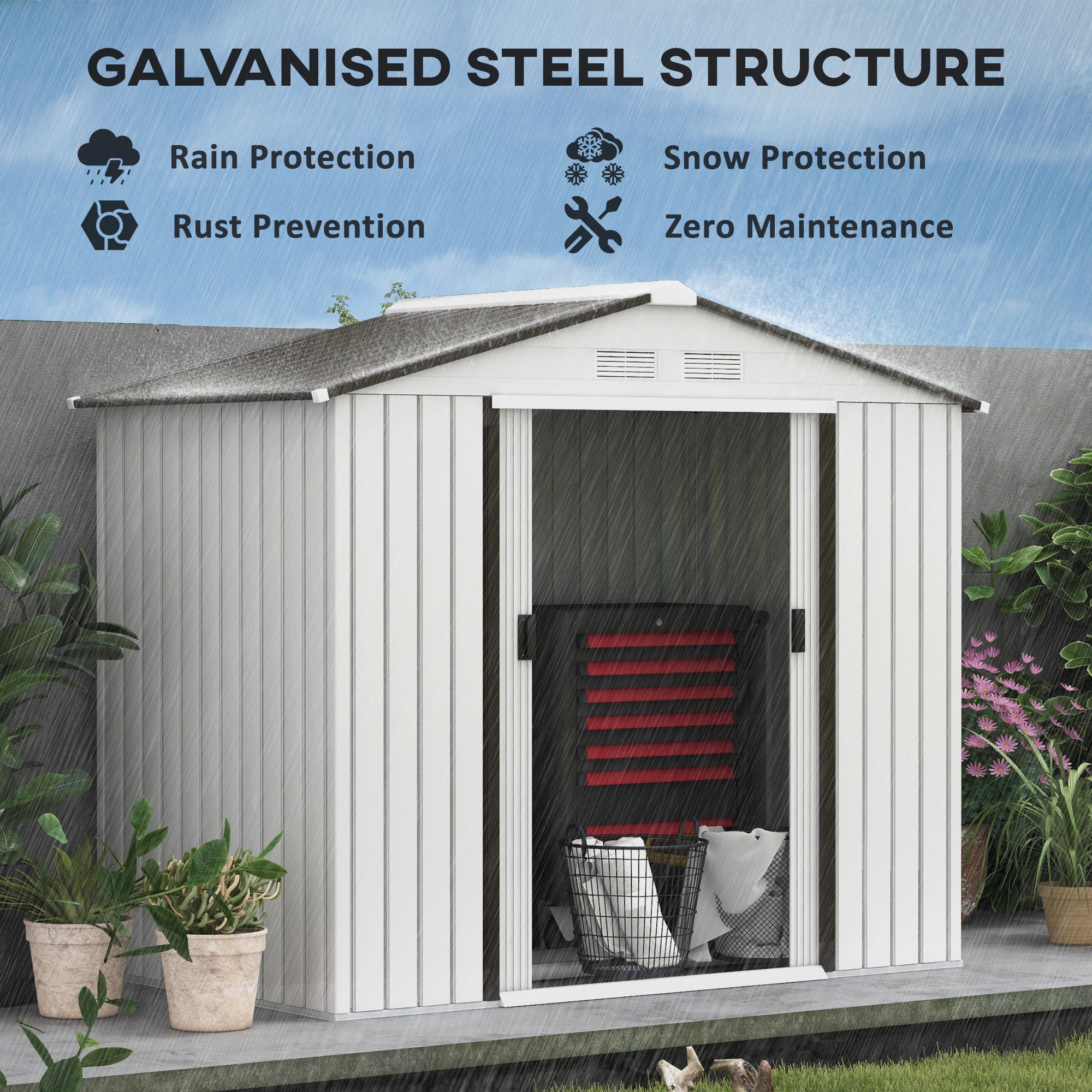 7'x 4'x 6' Garden Tool Shed Metal Storage Shed w/ Foundation Kit and Double Doors Silver