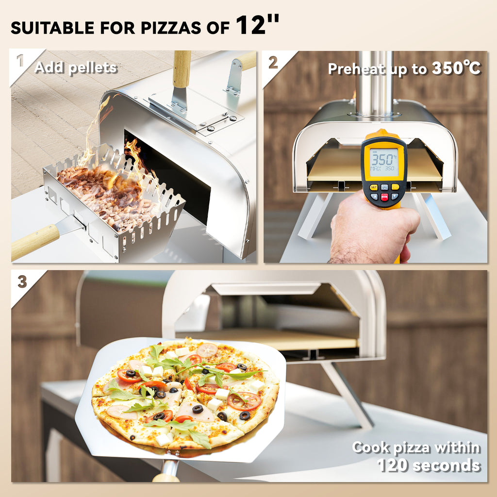 Outdoor Pizza Oven, Portable Wood Pellet Pizza Oven with Pizza Stone and Peel, Foldable Legs, Chimney