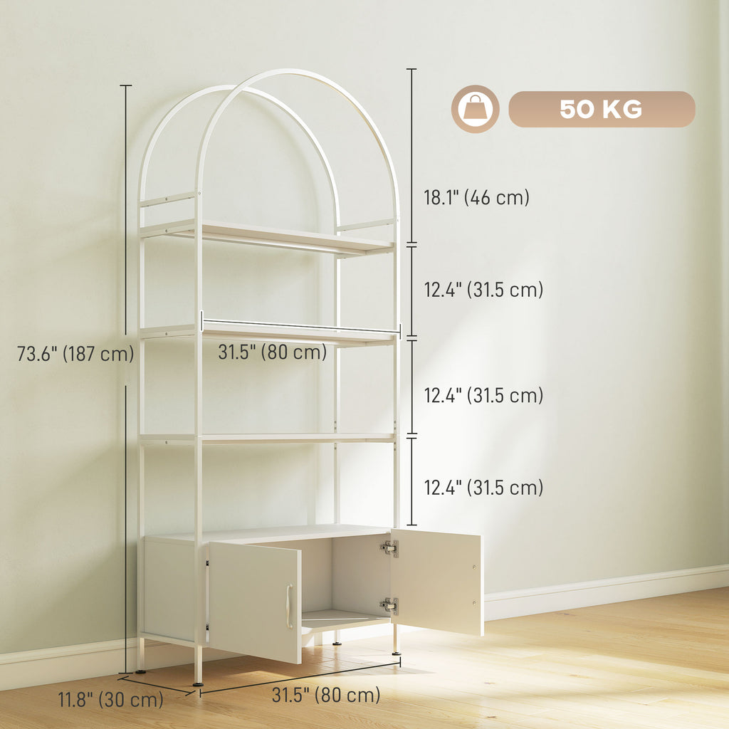 4-Tier Arched Shelving Unit with Cabinet, Bookshelf for Living Room, Office, 31.5" x 11.8" x 73.6", White