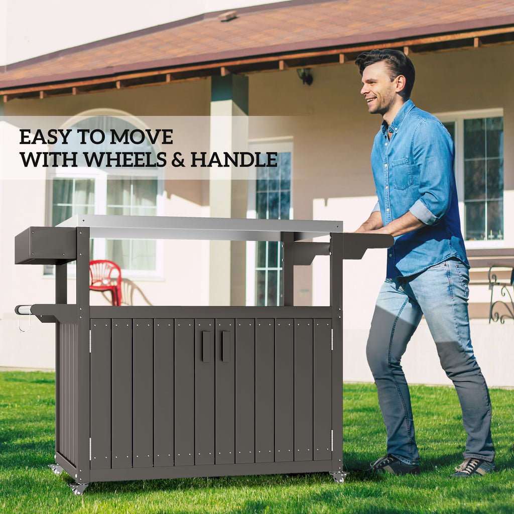 Outdoor Bar Cart with Storage Cabinet, Stainless Steel Outdoor Bar Table Top, Wheeled HDPE Kitchen Island for Food Prep