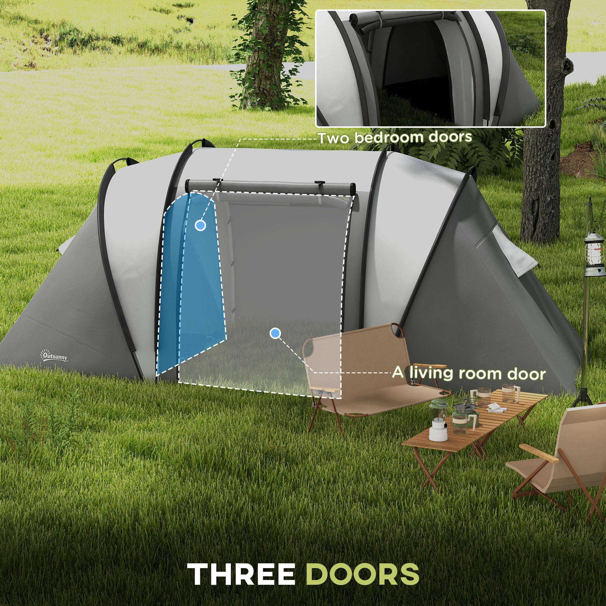 Camping Tent with 2 Bedrooms and Living Area, 3000mm Waterproof Family Tent, for Fishing Hiking Festival, Grey
