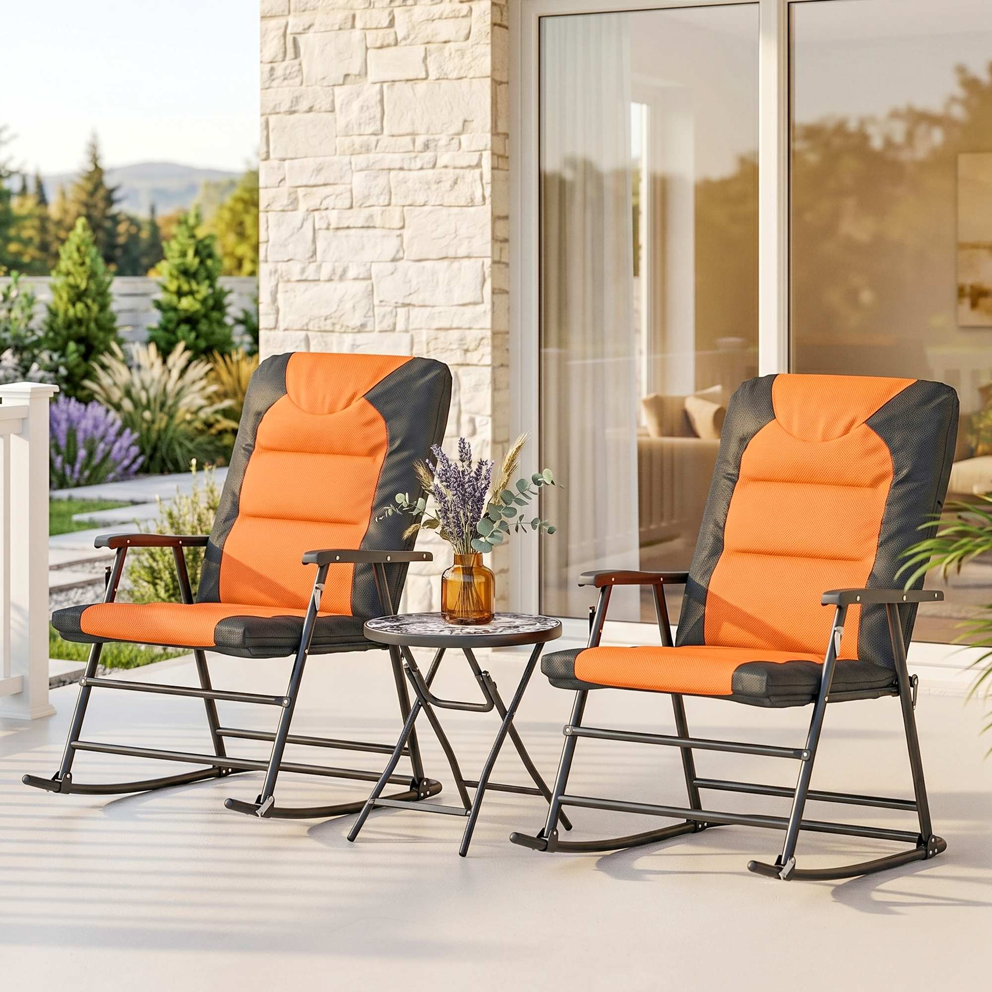 3-Piece Outdoor Foldable Rocking Chair Set, Orange