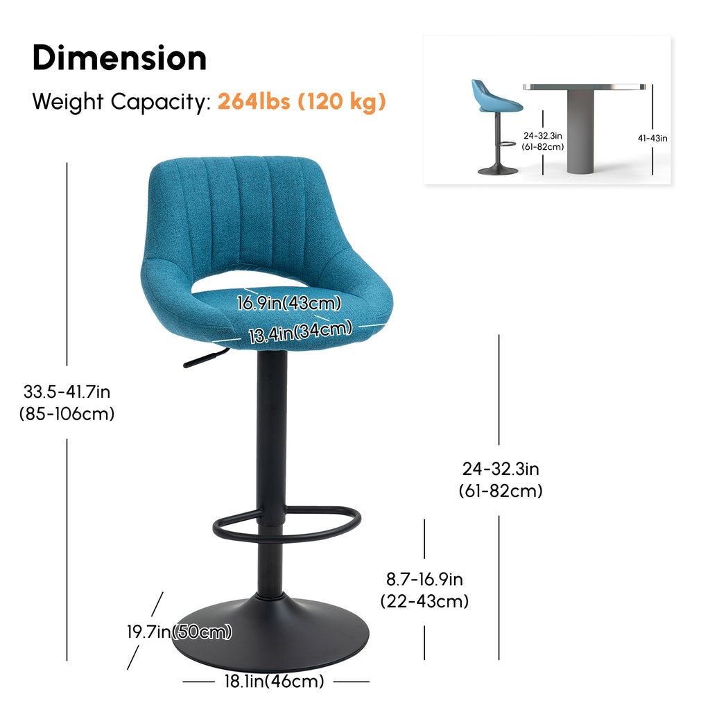 Bar Stools Set of 2, Swivel Counter Height Barstools with Adjustable Height, Linen Upholstered Bar Chairs with Round Metal Base and Footrest, Blue