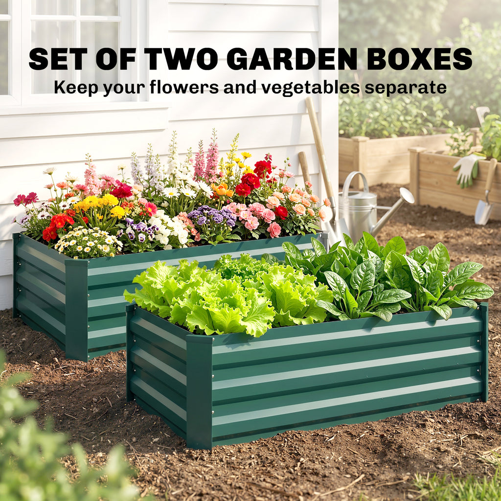 Set of 2 Galvanized Raised Beds for Garden, Outdoor Planter Box for Flowers, Herbs and Vegetables, Green