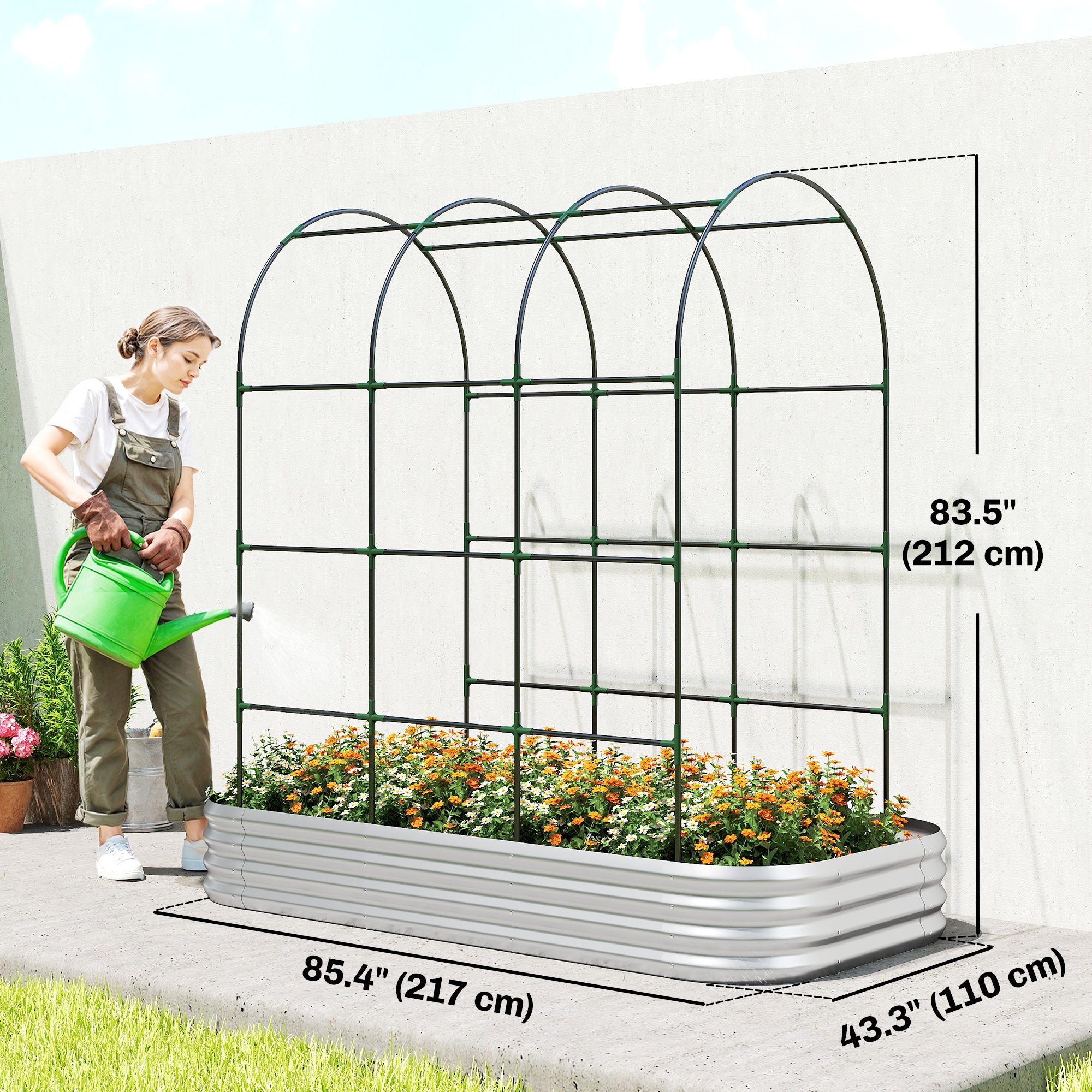 Galvanised Raised Garden Bed with Arched Trellis, 7 x 4 x 7ft Metal Outdoor Planter Box with Open Bottom
