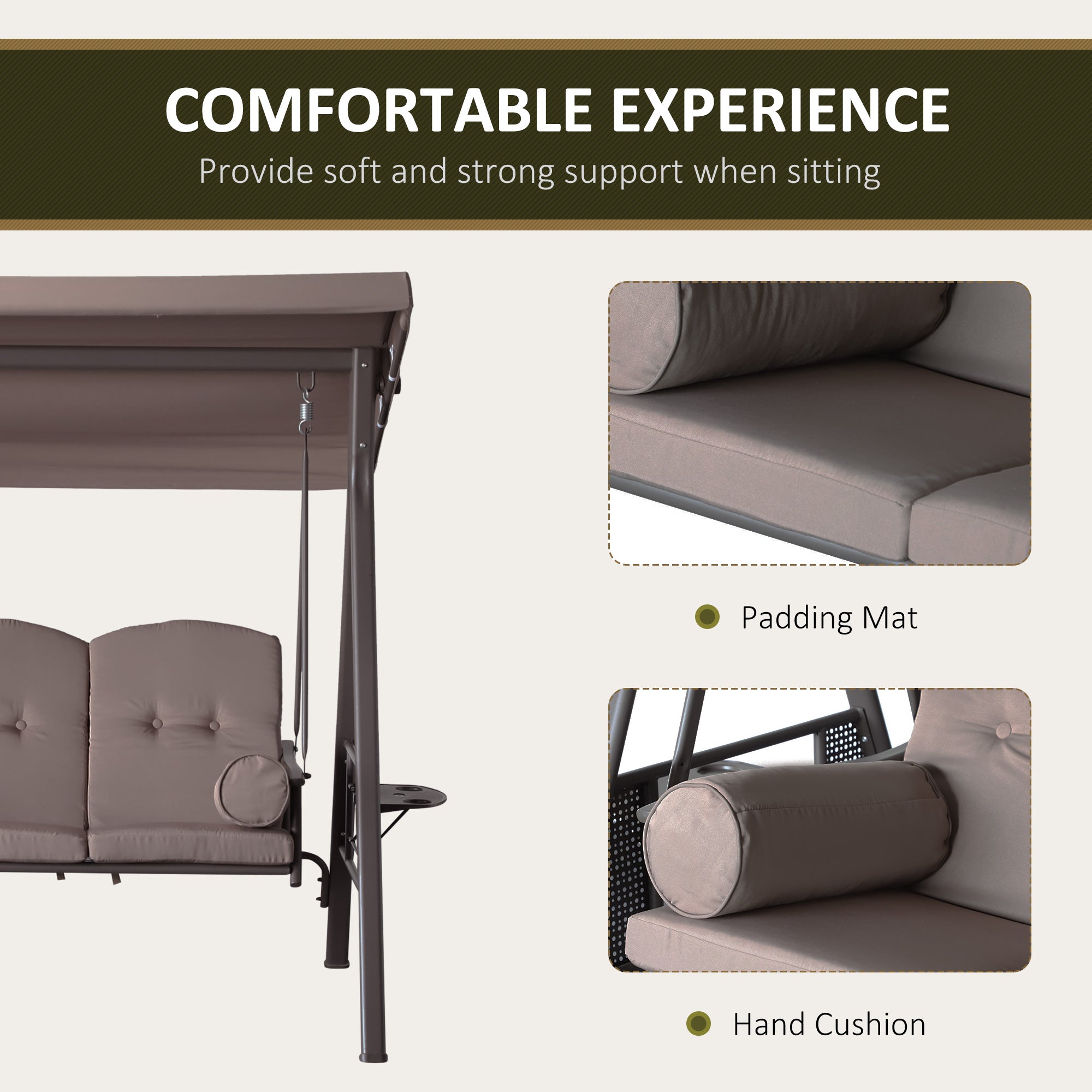 3 Seater Porch Swing Heavy Duty Outdoor Swing Chair Outdoor Lounge Hammock Cushioned Seat W/ Tilt Canopy, Brown