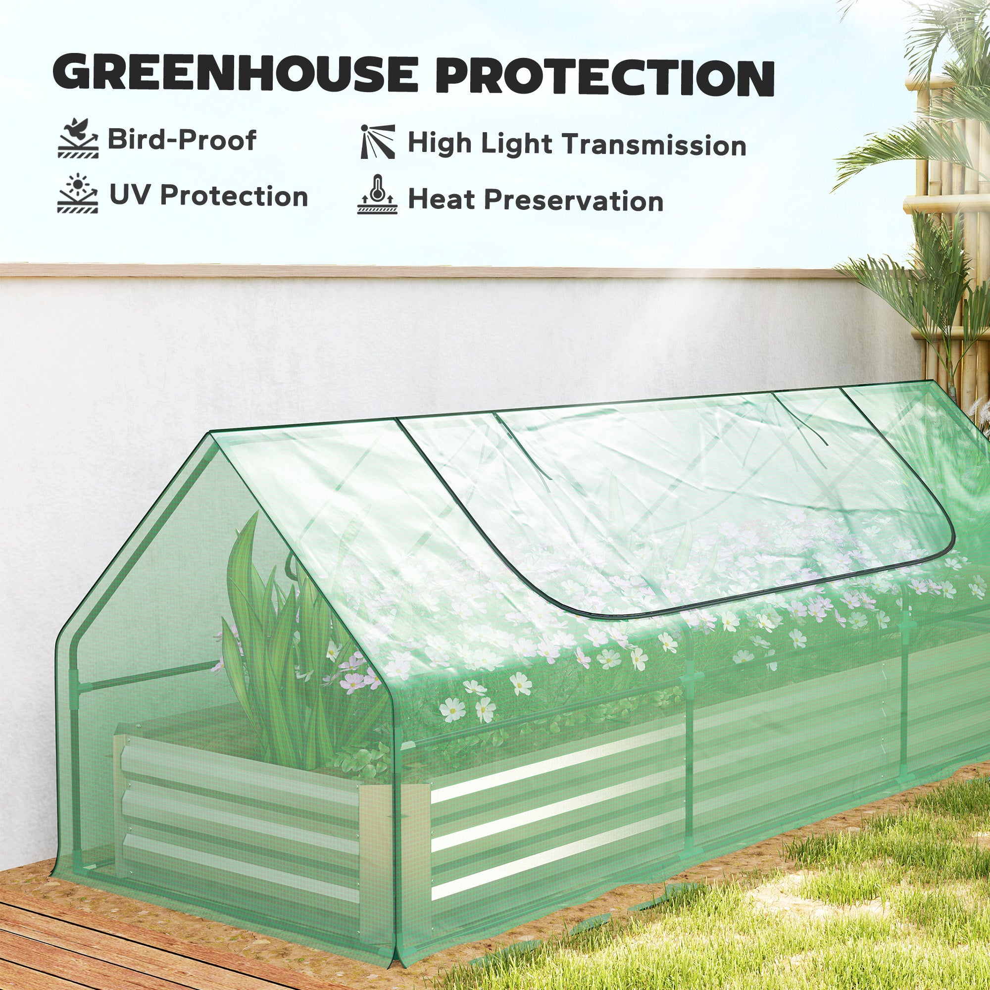 8.6 x 3 x 1ft Raised Garden Bed with Mini Greenhouse, Galvanized Raised Garden Bed with Cover for Herbs and Vegetables, Small Greenhouse for Patio Garden Balcony, Green