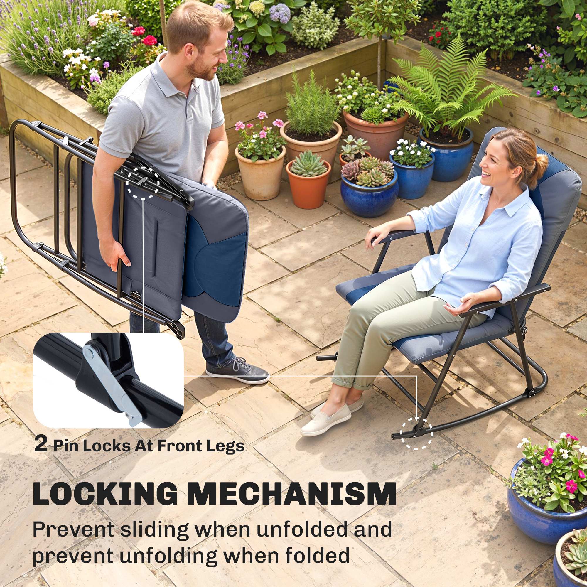 Folding Rocking Chair Set of 2 Padded Rockers with Armrest, Navy Blue