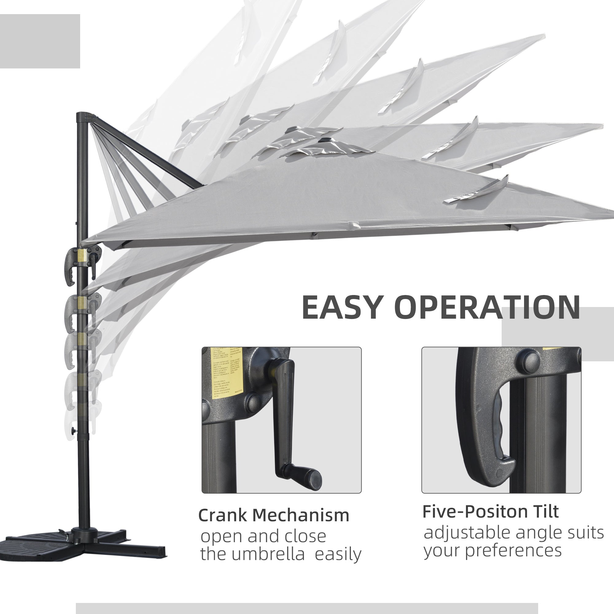 9ft Cantilever Patio Umbrella, Square Overhanging Umbrella with Cross Base, Crank Handle, Tilt Light Grey