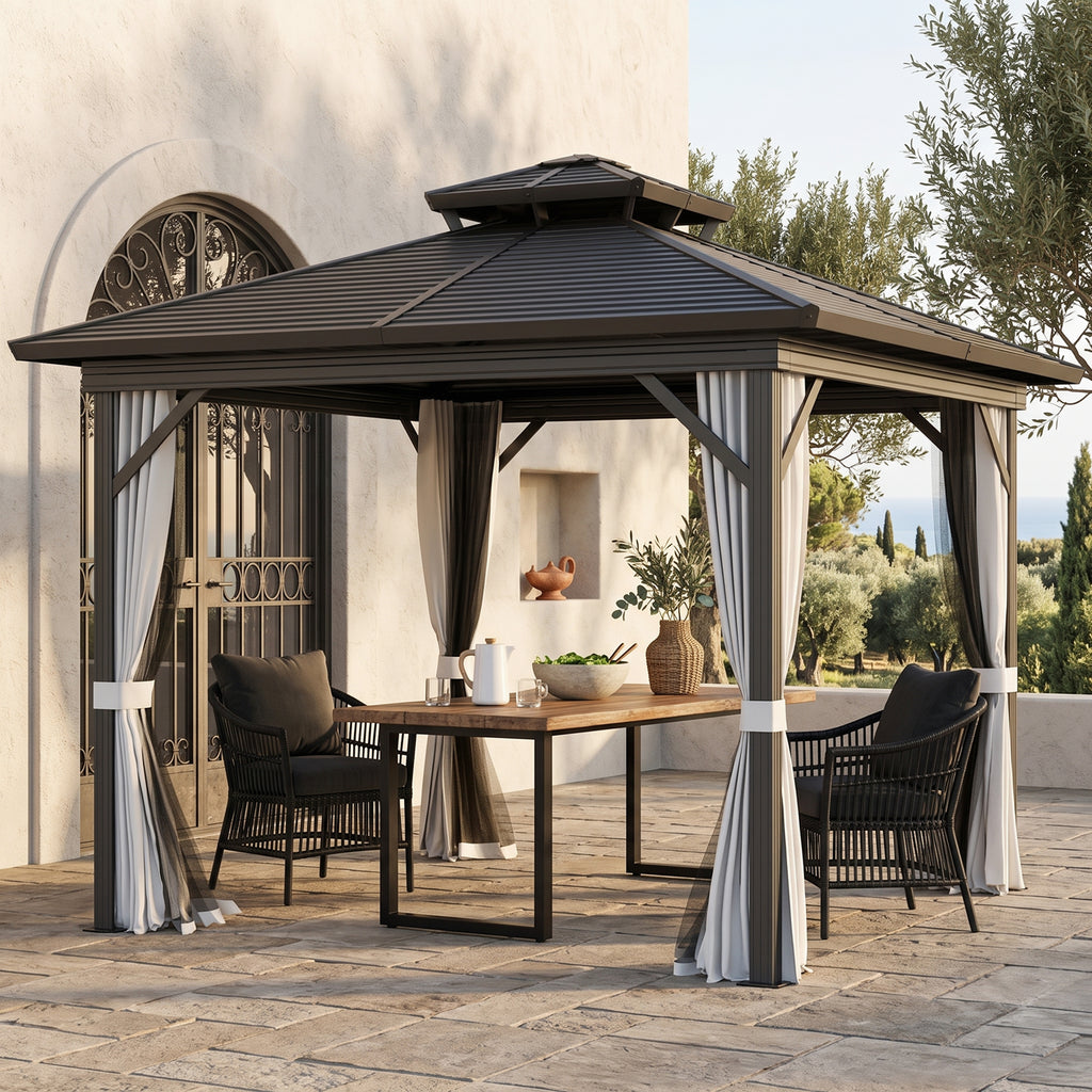 10' x 10' Hardtop Gazebo, Sun Shelter with Double Tier Metal Roof, Mosquito Netting, and Hanging Hook, Light Grey