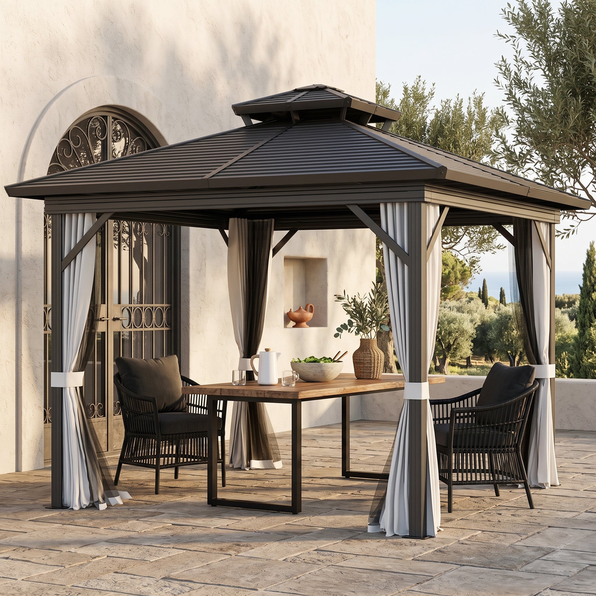 10' x 10' Hardtop Gazebo, Sun Shelter with Double Tier Metal Roof, Mosquito Netting, and Hanging Hook, Light Grey