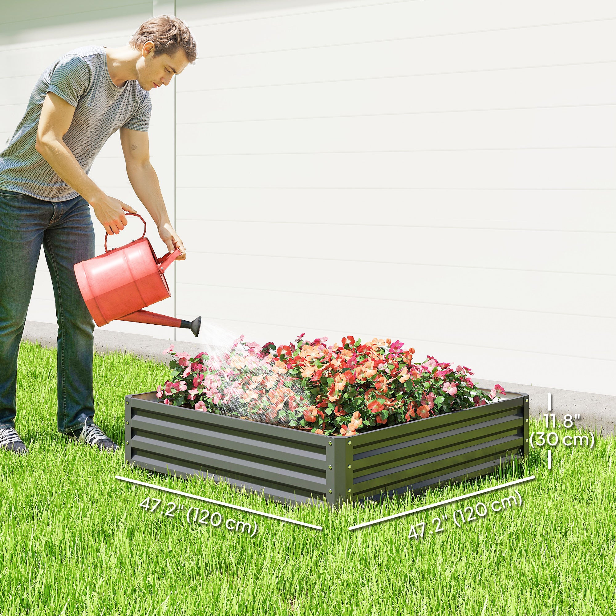 4' x 4' x 1' Raised Garden Bed Galvanized Steel Planter Box for Vegetables, Flowers, Herbs, Light Grey