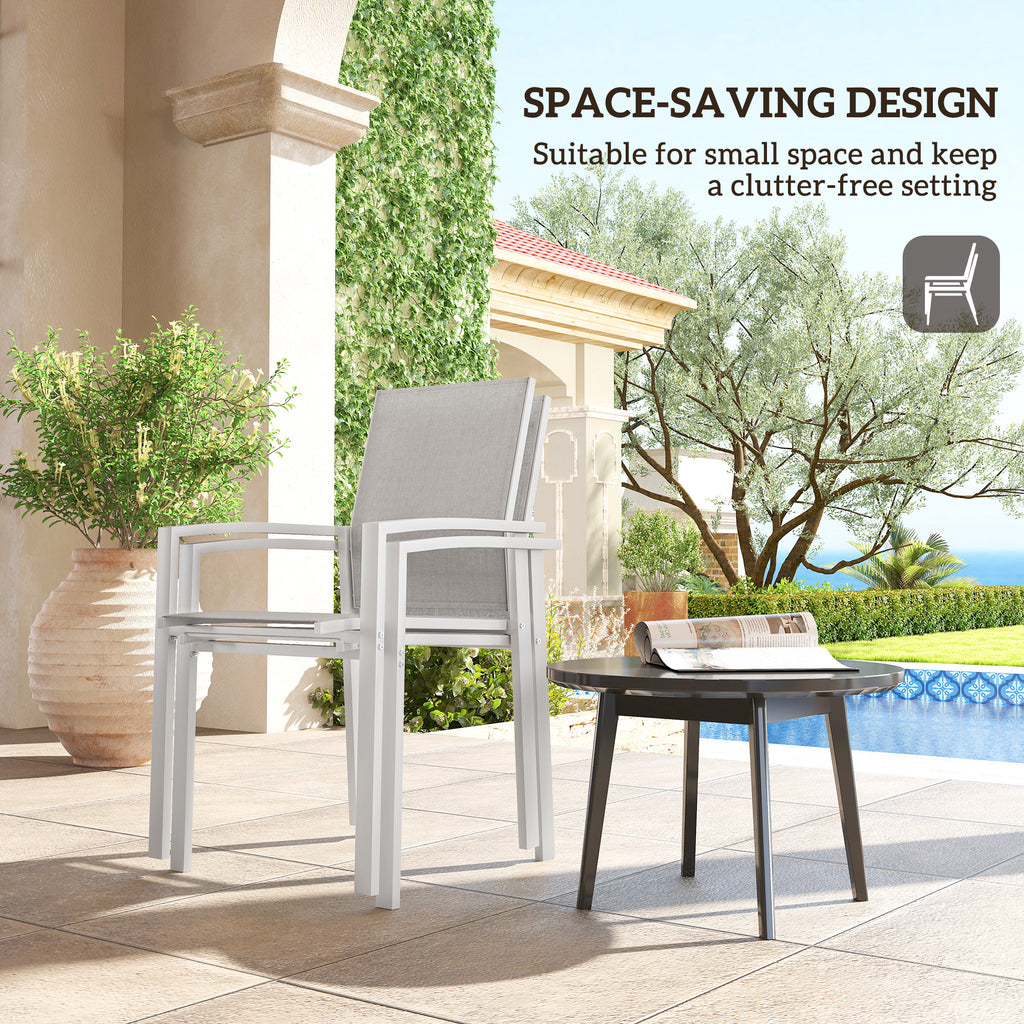 Set of 2 Outdoor Garden Chairs, Stackable Patio Dining Chairs with Breathable Fabric, Armrests and Backrest, Light Grey