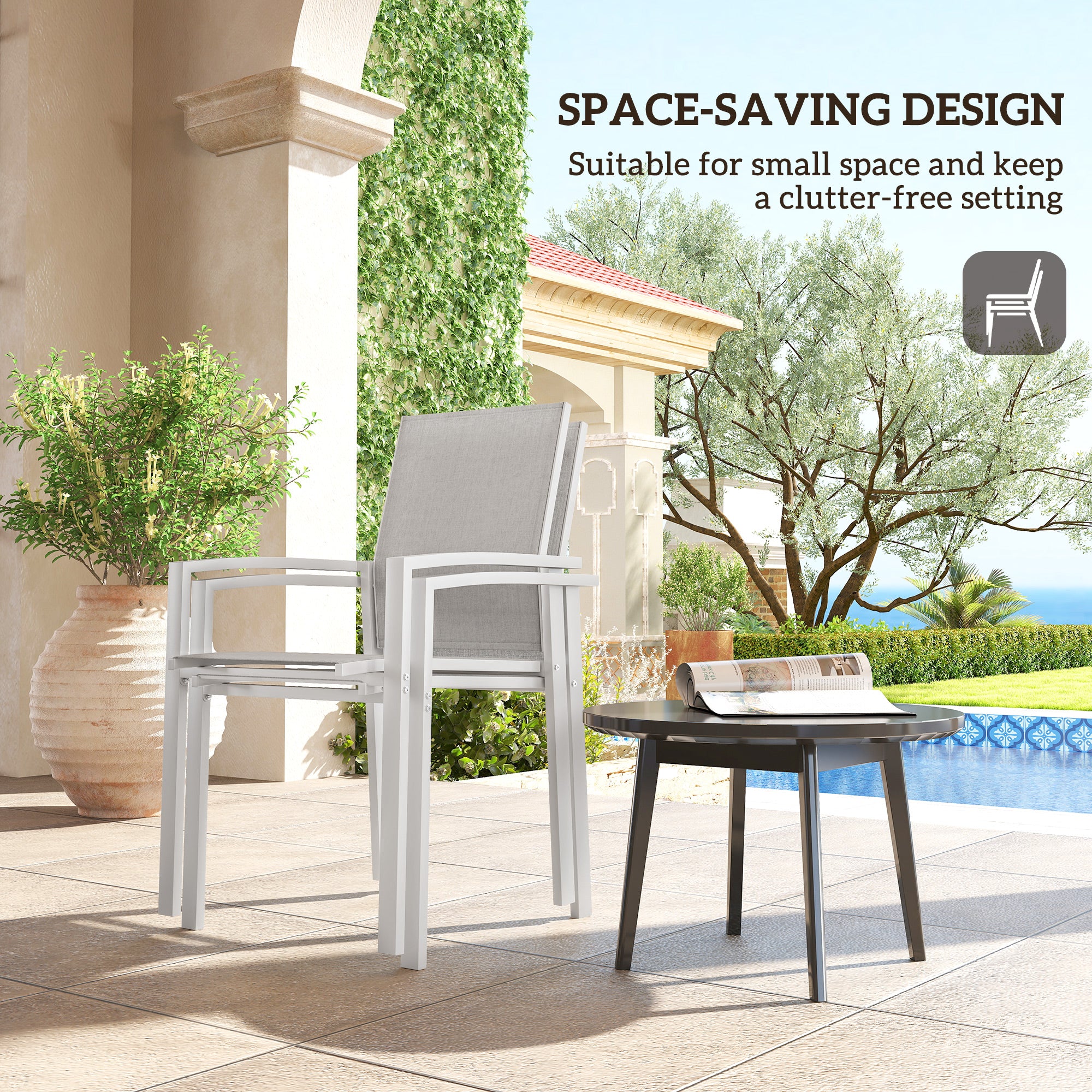 Set of 2 Outdoor Garden Chairs, Stackable Patio Dining Chairs with Breathable Fabric, Armrests and Backrest, Light Grey