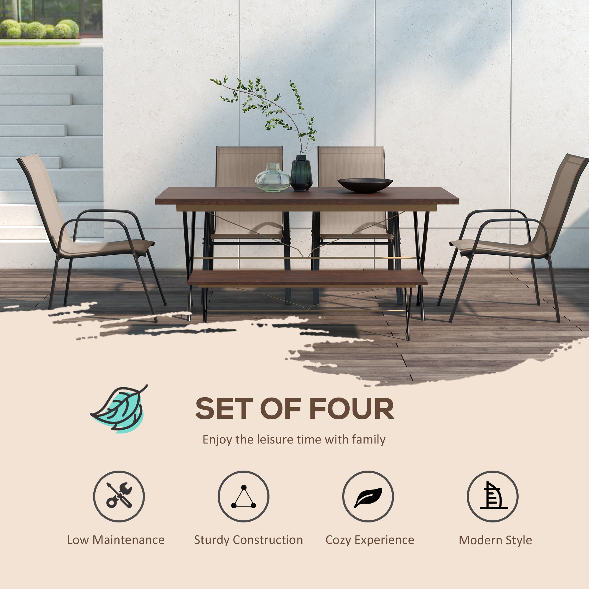 Set of 4 Outdoor Dining Chairs, Heavy Duty Stackable Patio Dining Set with Armrests for Balcony Garden, Grey