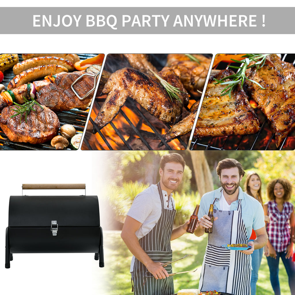 Outdoor Charcoal BBQ Grill, Tabletop Folding Barbecue Grill with Handle, 17.3" x 9.8" x 14", Black