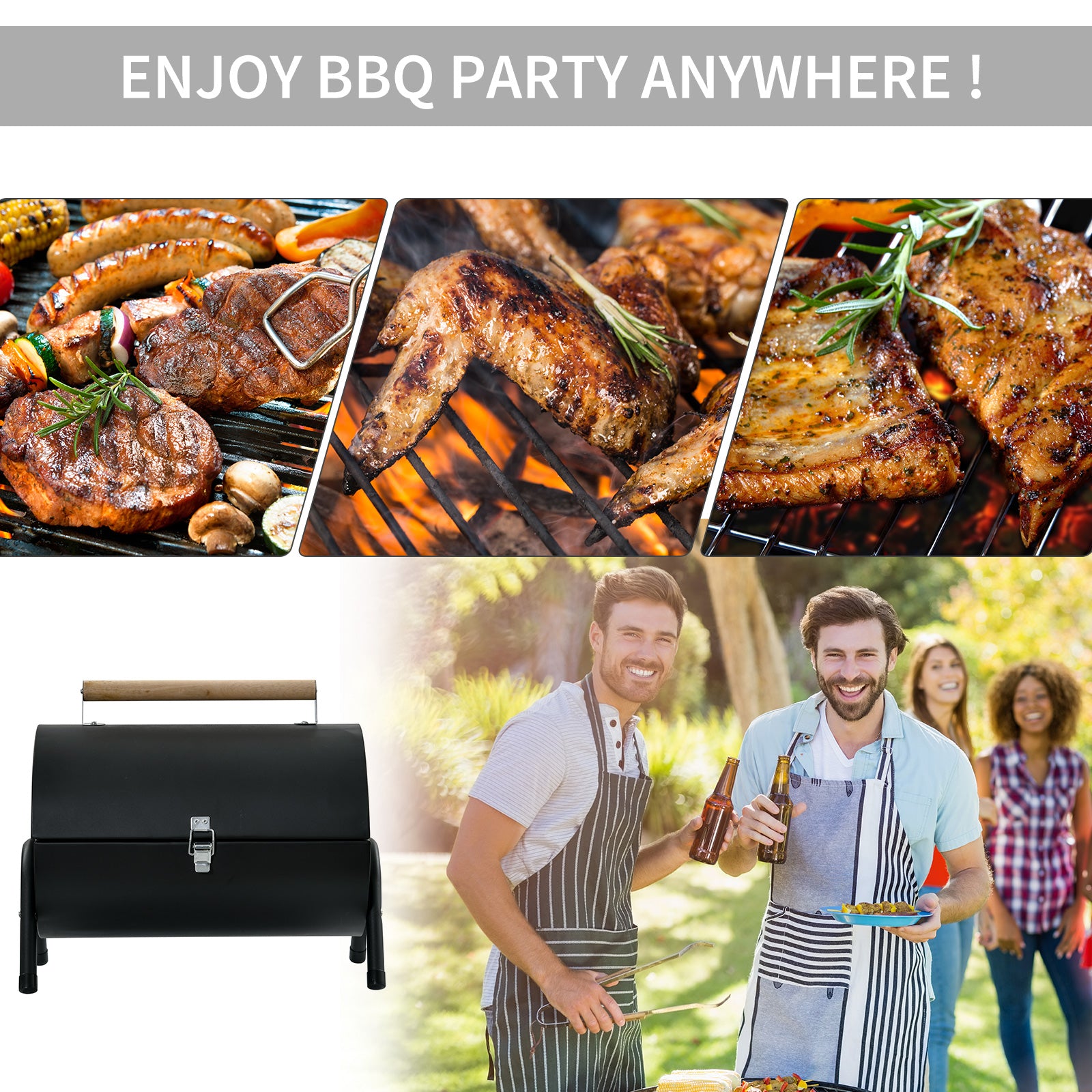 Outdoor Charcoal BBQ Grill, Tabletop Folding Barbecue Grill with Handle, 17.3" x 9.8" x 14", Black