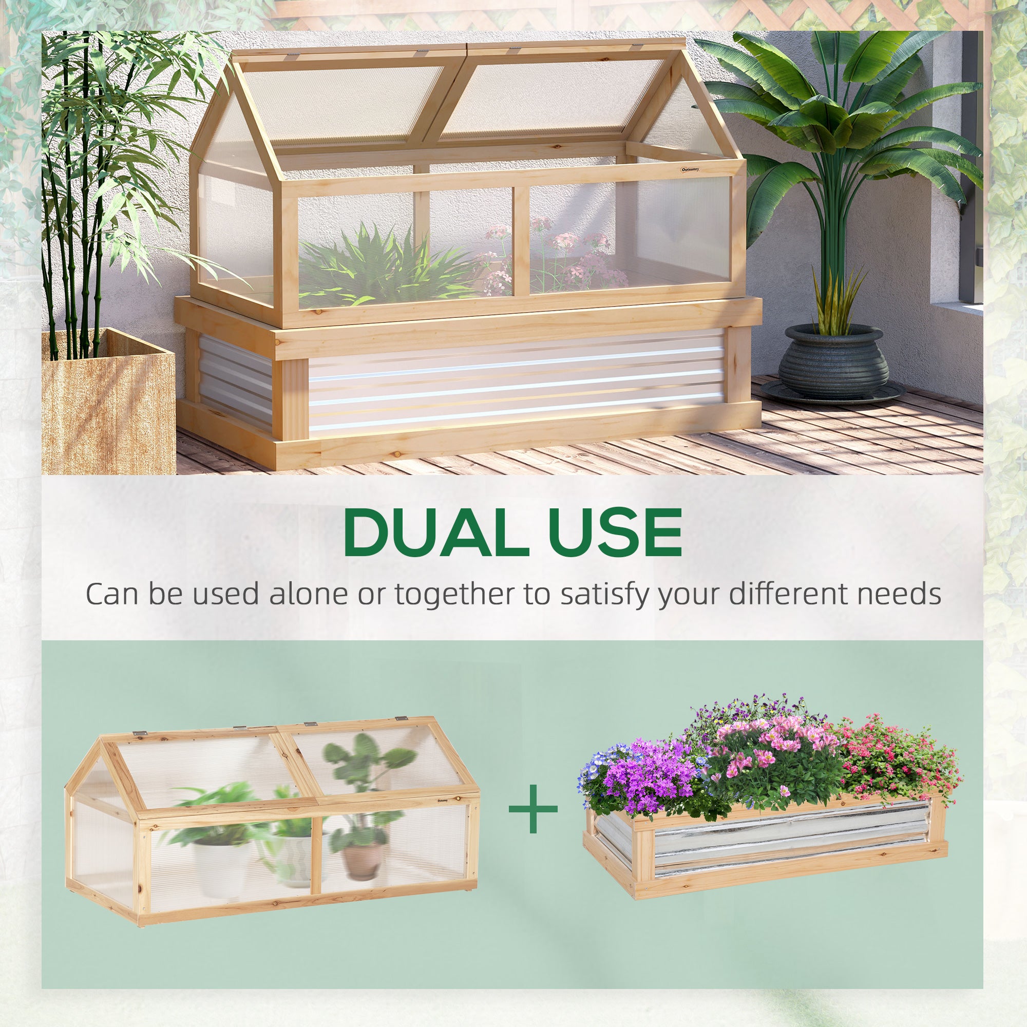 Raised Garden Flower Bed Kit with Greenhouse, Wooden Cold Frame Planter with Open Roofs, 48" x 24" x 32", Natural