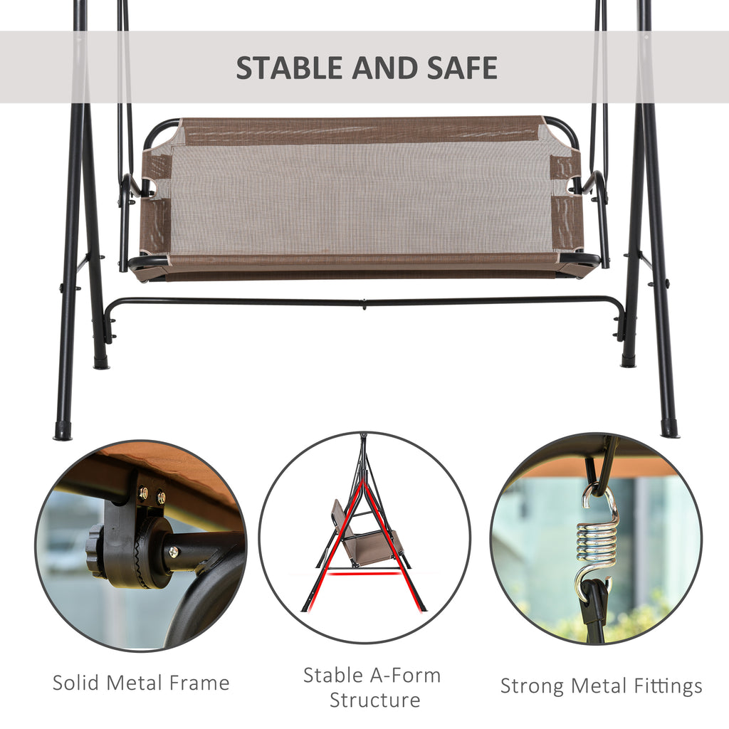 2-Person Porch Swing Chair, 2 Seater Patio Swing Bench w/ Adjustable Canopy, Breathable Seat for Garden, Poolside, Brown