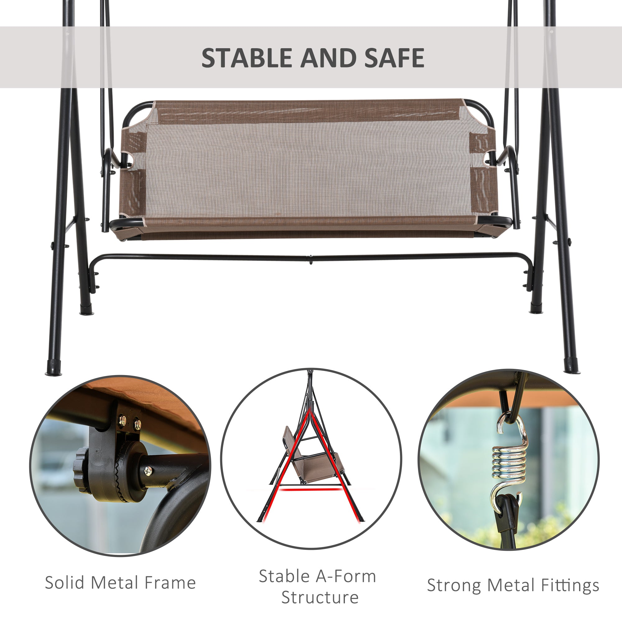 2-Person Porch Swing Chair, 2 Seater Patio Swing Bench w/ Adjustable Canopy, Breathable Seat for Garden, Poolside, Brown