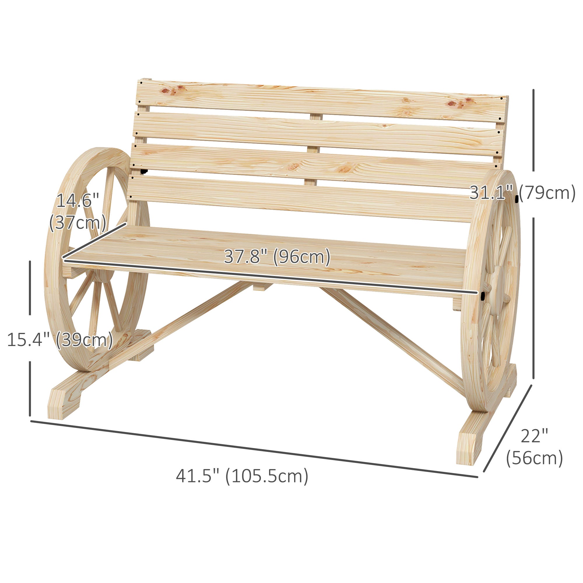42" Wood Wagon Wheel Bench Garden Loveseat Rustic Seat, Natural Wood