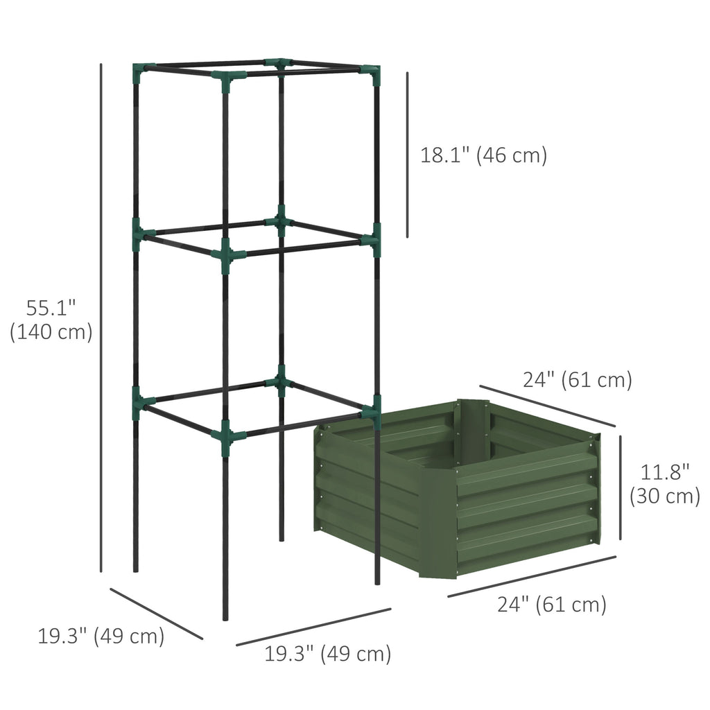 Galvanized Planter Box, Outdoor Raised Garden Bed with 3-Tier Trellis Tomato Cage for Climbing Vines, Vegetables, Green