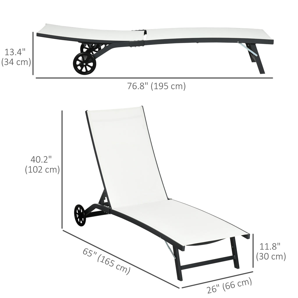 Outdoor Lounge Chair Set of 2, Tanning Chair with Wheels, Breathable Mesh for Patio, Backyard, Poolside, Cream White