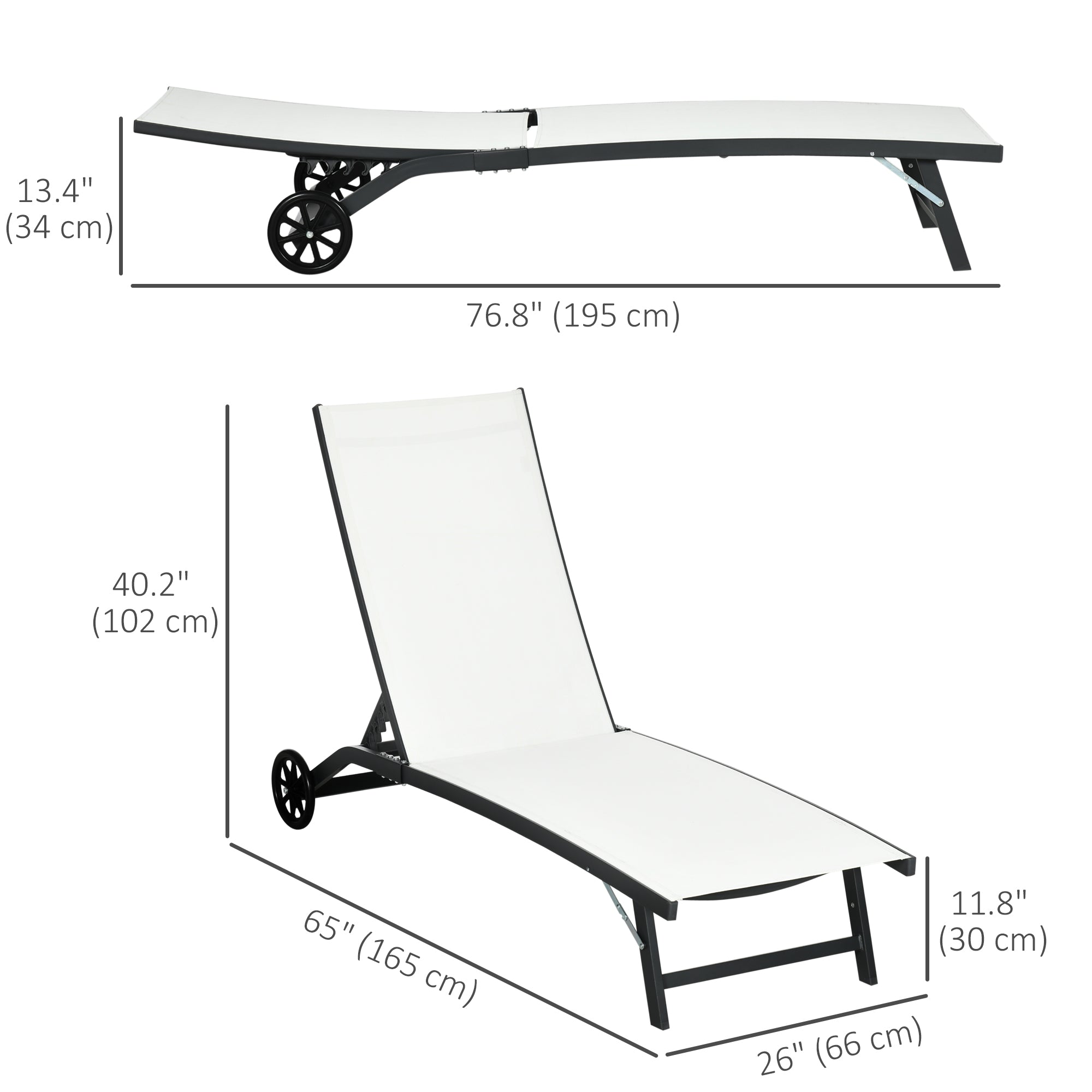 Outdoor Lounge Chair Set of 2, Tanning Chair with Wheels, Breathable Mesh for Patio, Backyard, Poolside, Cream White