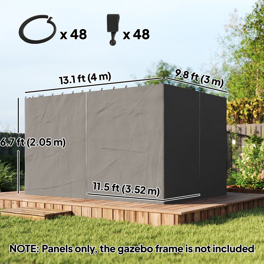 Gazebo Curtains, 10' x 13' Universal Replacement Privacy Curtain, 4-Panels Sidewall with Hooks/C-Rings, Grey