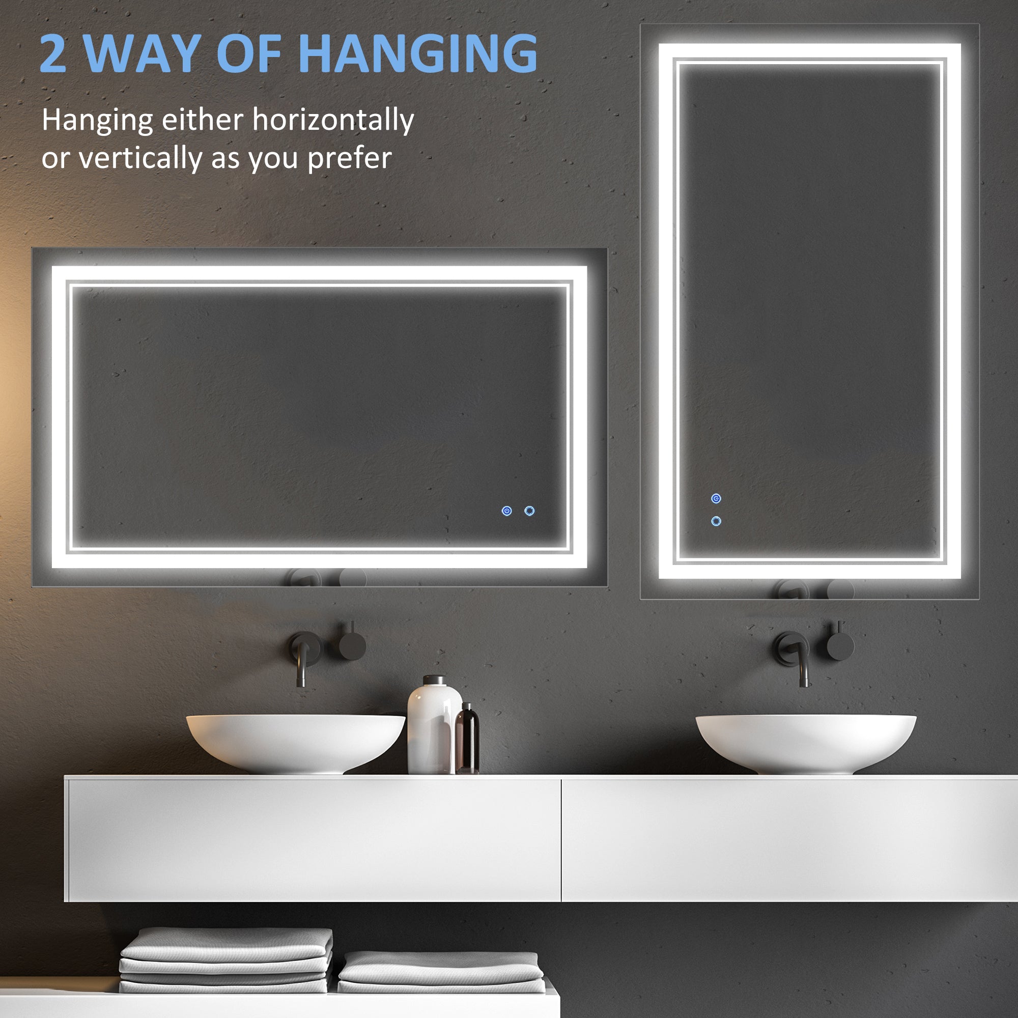 40" x 24" LED Bathroom Mirror, Dimmable Lighted Wall-Mounted Mirror, with 3 Colour, Smart Touch, Plug-in, Vertical or Horizontal Hanging