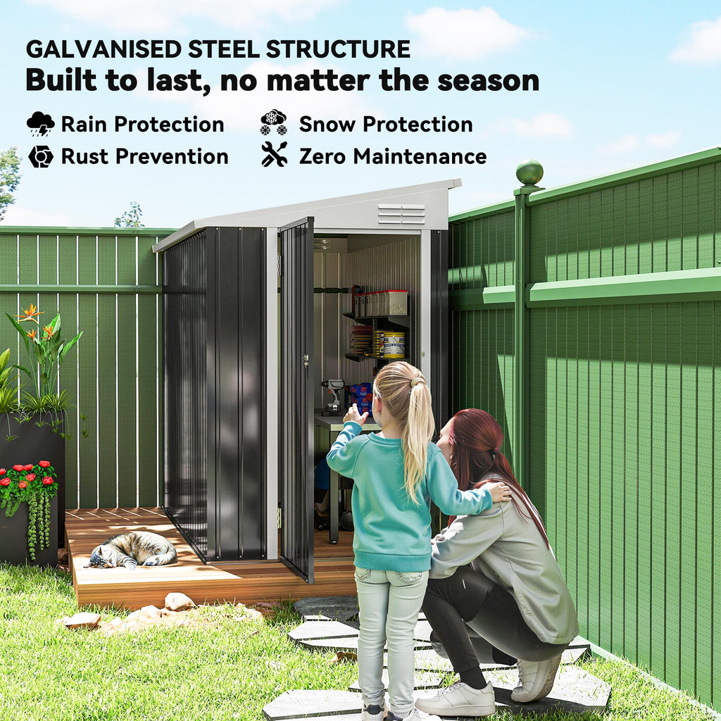 4' x 8' Outdoor Storage Shed Lean to Shed Outdoor Metal Tool Shed with Lockable Door and Air Vents, Dark Grey