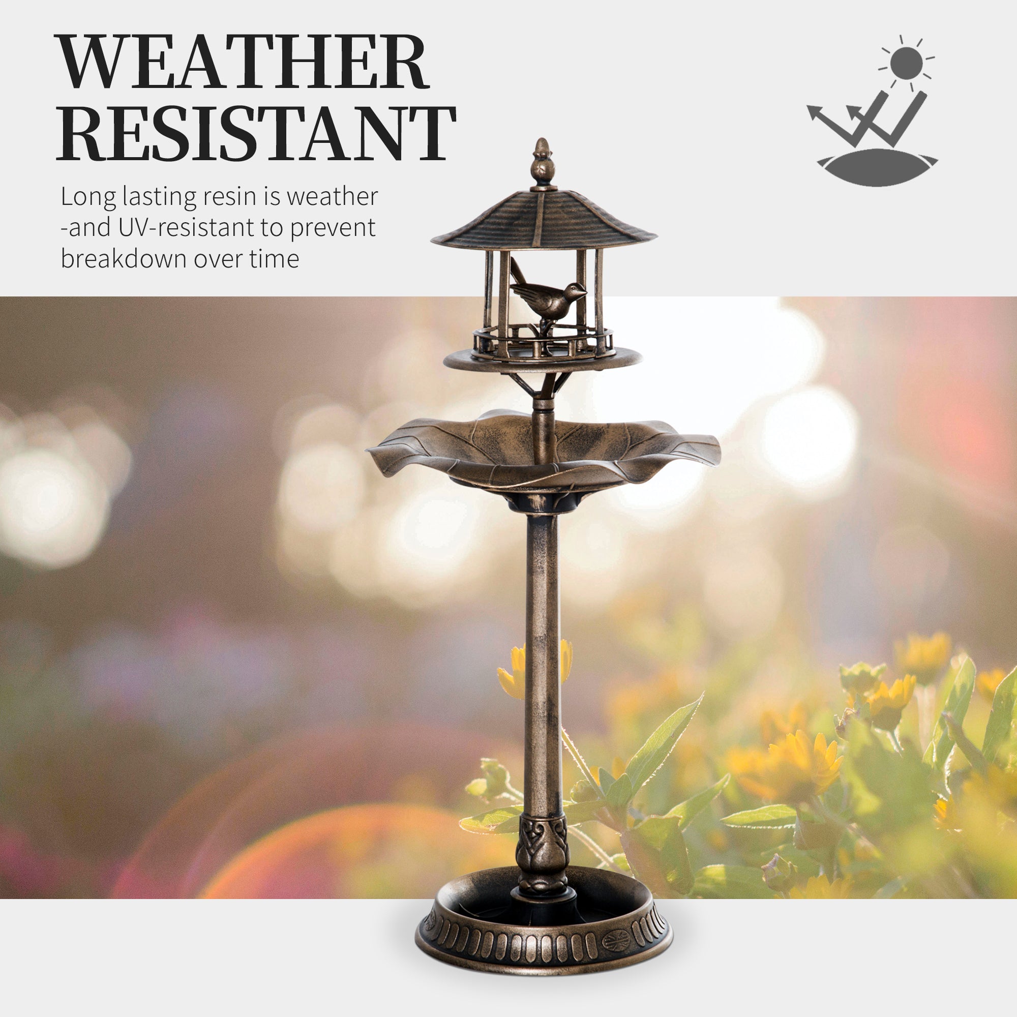3-in-1 Garden Bird Bath Bowl Pedastal with Bird Feeder, Large Water Basin, & Underneath Flower Planter, Gold