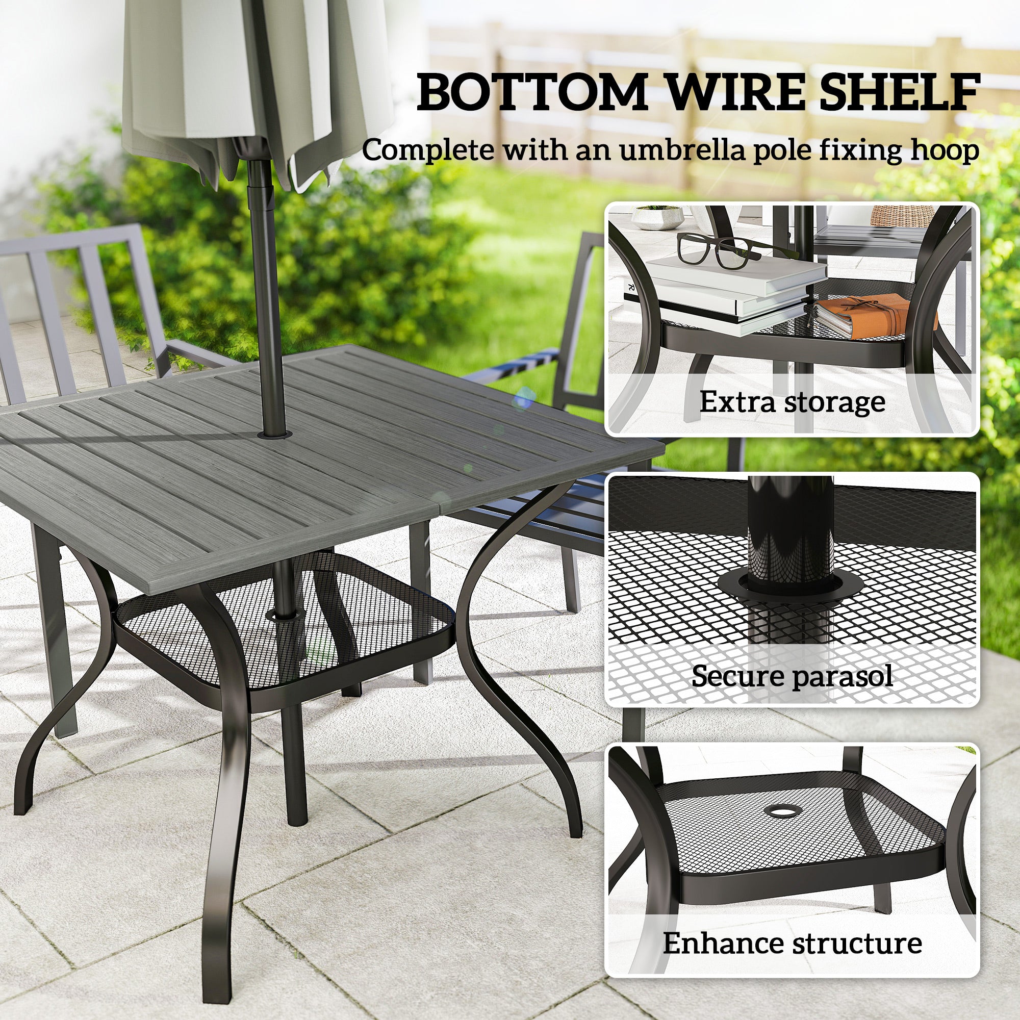 Outdoor Dining Table for 4, Square Patio Table with Umbrella Hole, Shelf, Slatted Faux Wood Steel Top, Grey