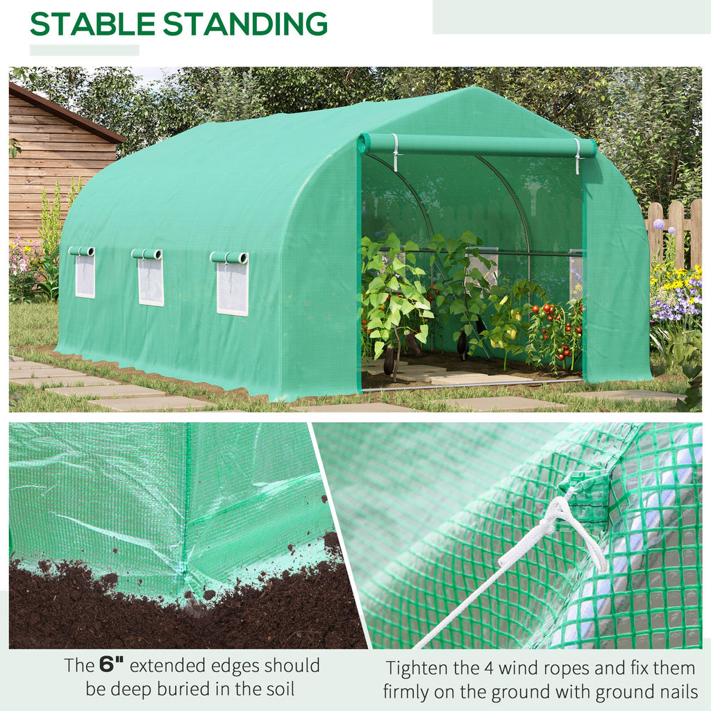 15' x 10' x 7' Walk-in Greenhouse Outdoor Plant Tunnel Warm Hot House w/ Roll Up Door and 6 Mesh Windows, Steel Frame, Green