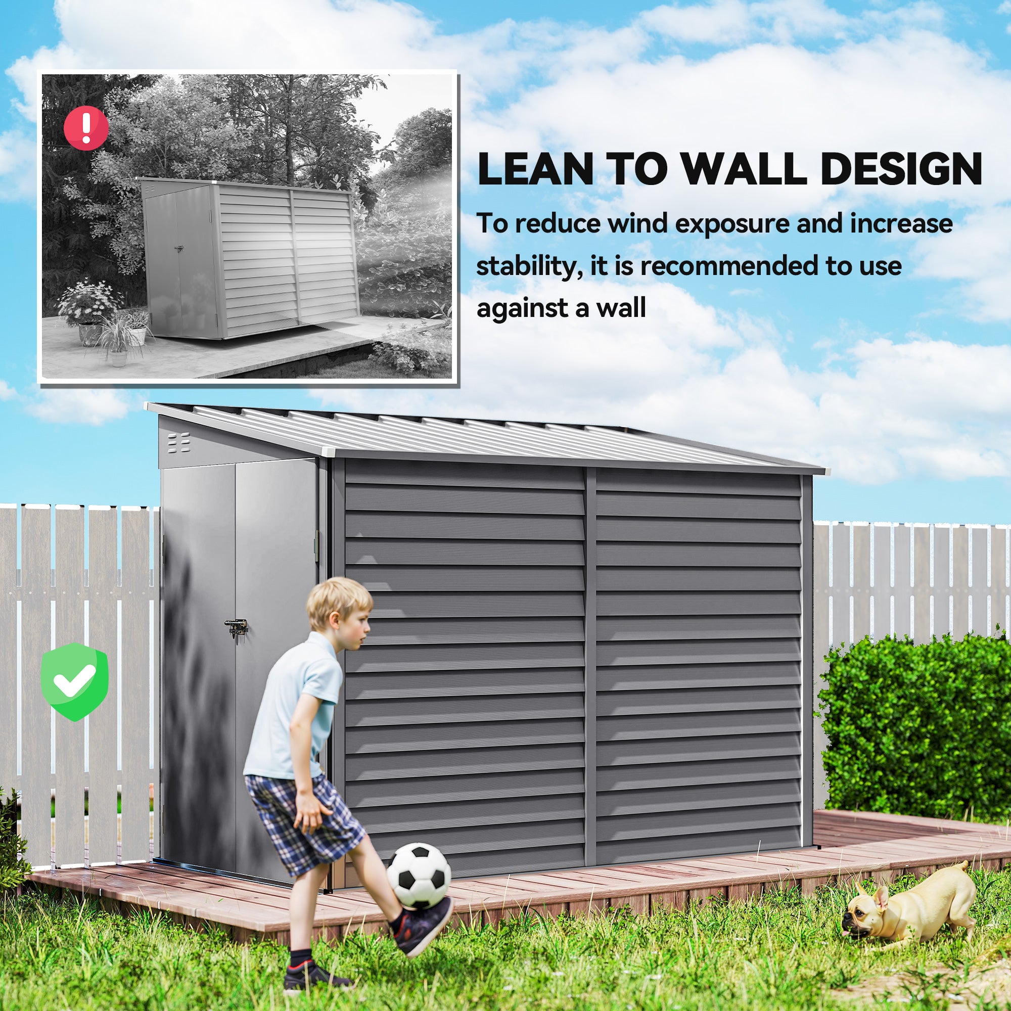 4.6' x 9' Steel Outdoor Storage Shed, Lean to Shed, Metal Tool House with Foundation Kit, Lockable Doors, Gloves and 2 Air Vents for Backyard, Patio, Lawn, Grey