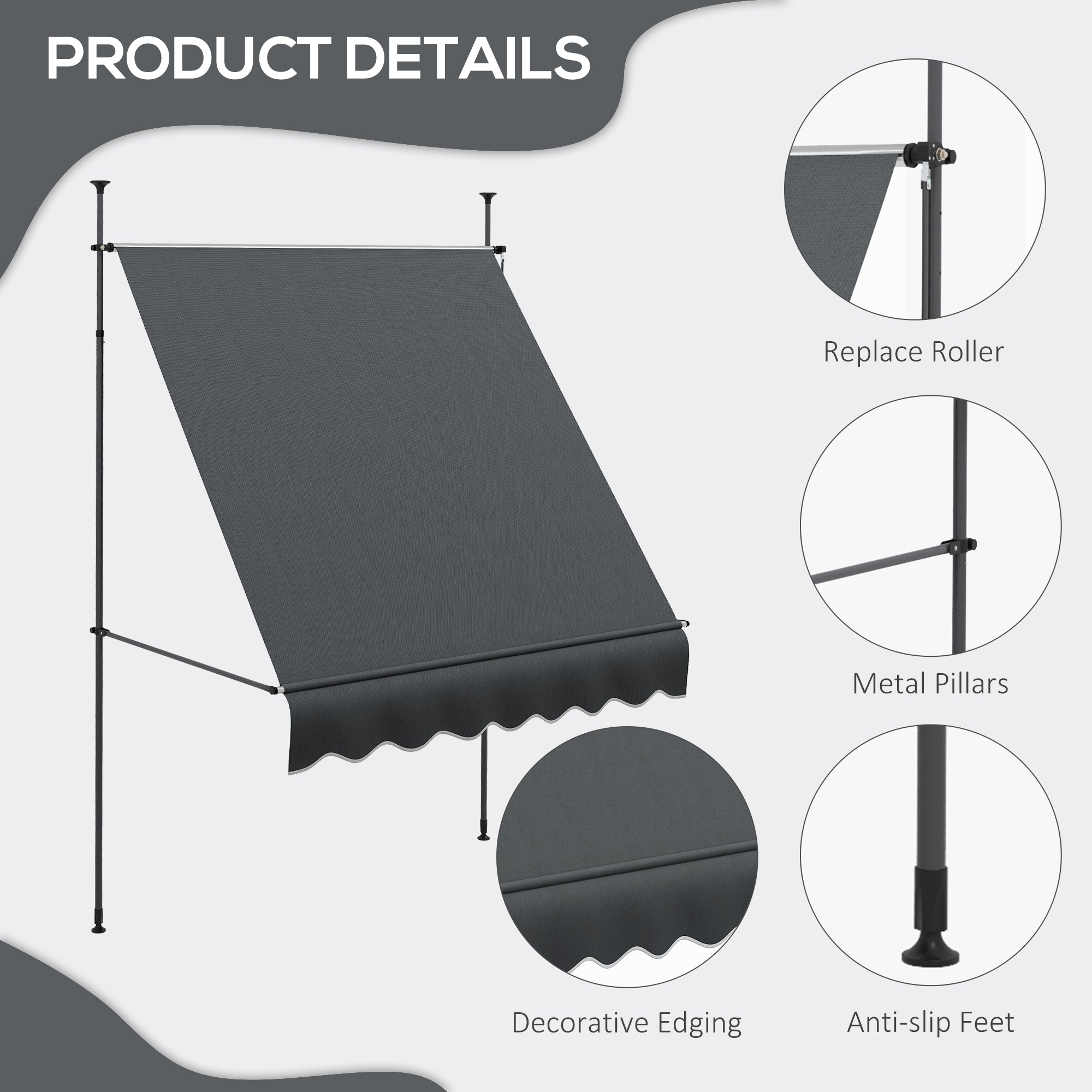 6.5' x 4' Manual Retractable Awning, Non-Screw Freestanding Patio Awning, UV Resistant, for Window or Door, Dark Grey