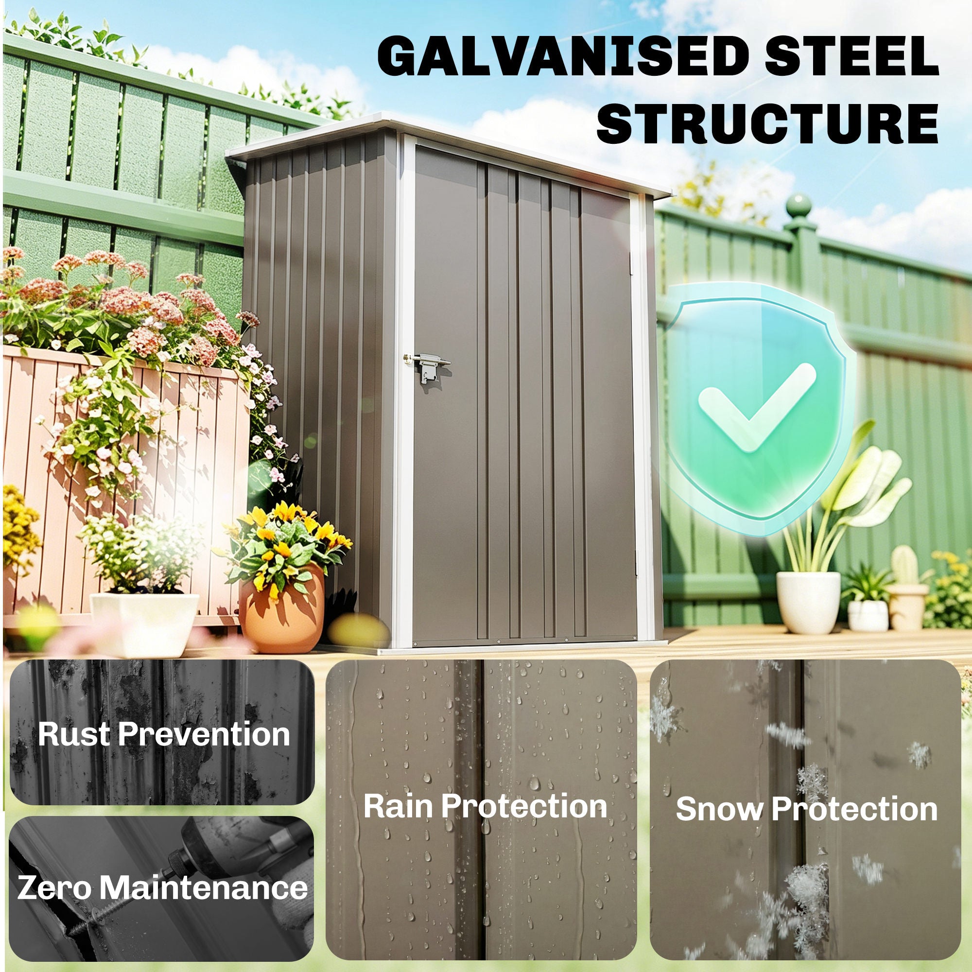 3.3' x 3.4' Lean-to Outdoor Garden Storage Shed, Galvanized Steel with Lockable Door for Patio Brown and White