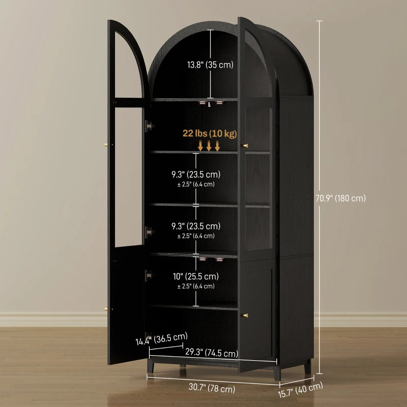 Tall farmhouse kitchen storage cabinet black with arched glass doors