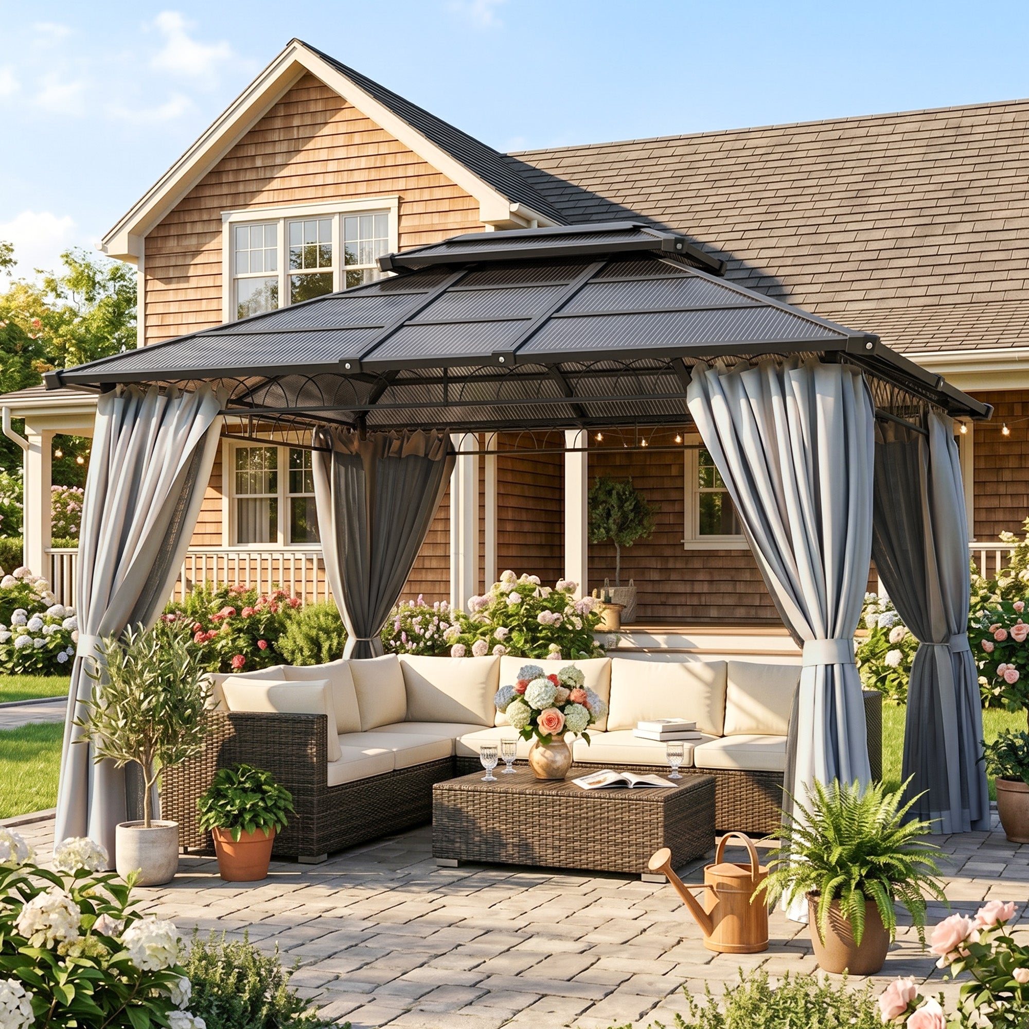 10' x 12' OutdoorÂ Hardtop Gazebo Canopy w/Â Double PC Roof, Steel Frame, Nettings,Â Curtains forÂ GardenÂ LawnÂ Deck, Grey