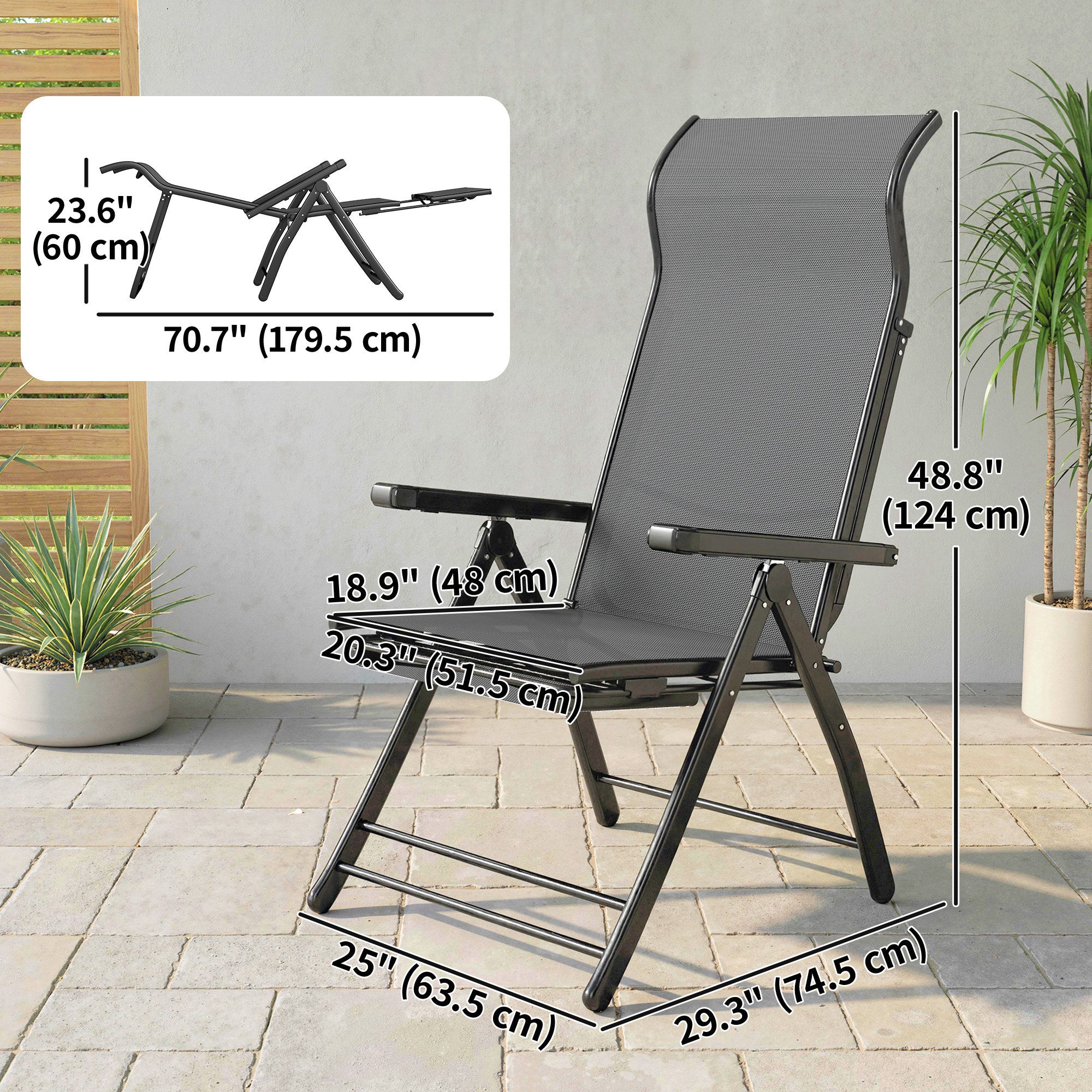 Folding Patio Chairs Set of 2, 5-Position Outdoor Lounge Chairs with High Back, Retractable Footrest, Dark Grey