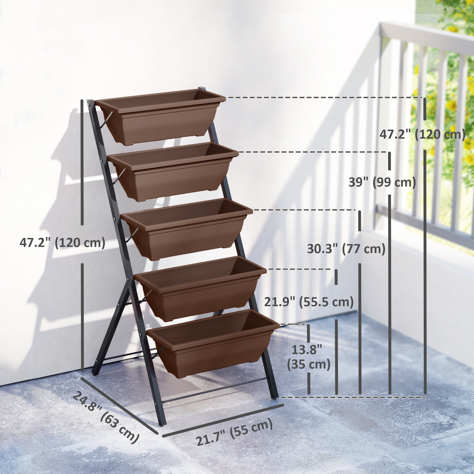 5-Tier Raised Garden Bed with 5 Planter Box, Outdoor Plant Stand Grow Containers with Leaking Holes, Brown