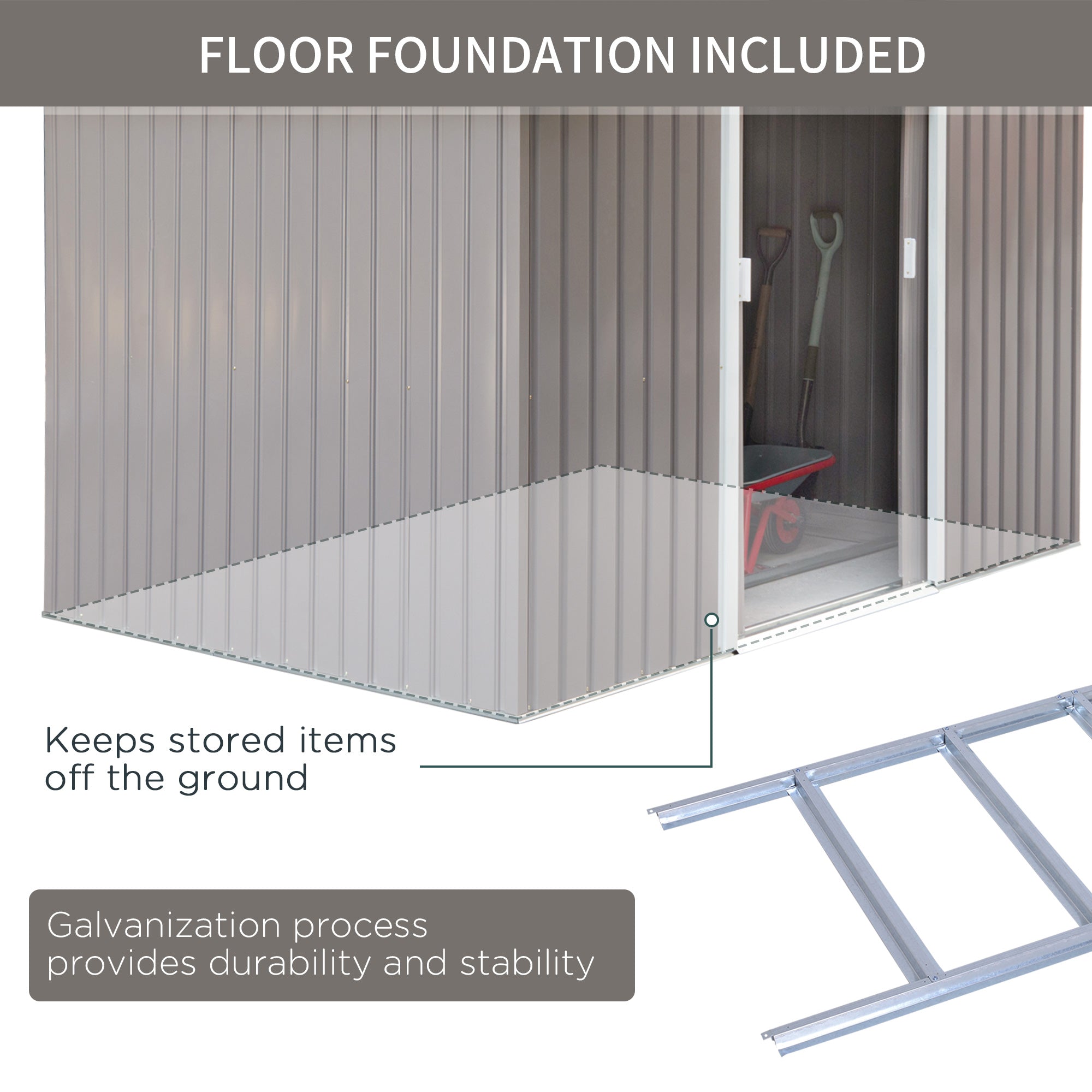 9'x6.3'Garden Storage Outdoor Shed w/ Floor Foundation Outdoor Yard Metal Tool Storage House Grey White